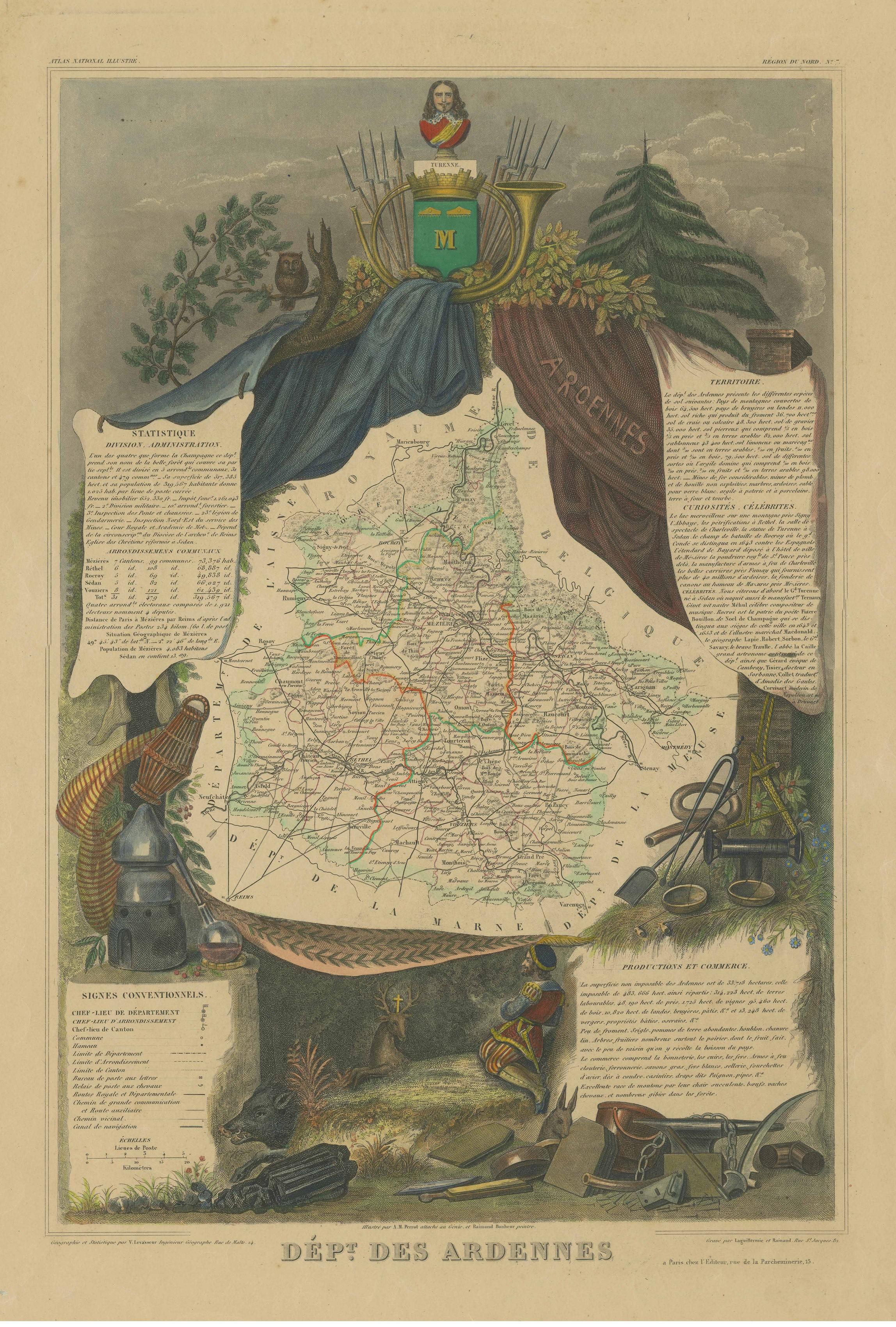 Handkolorierte antike Karte der Abteilung für Ardenne, Frankreich im Zustand „Gut“ im Angebot in Langweer, NL