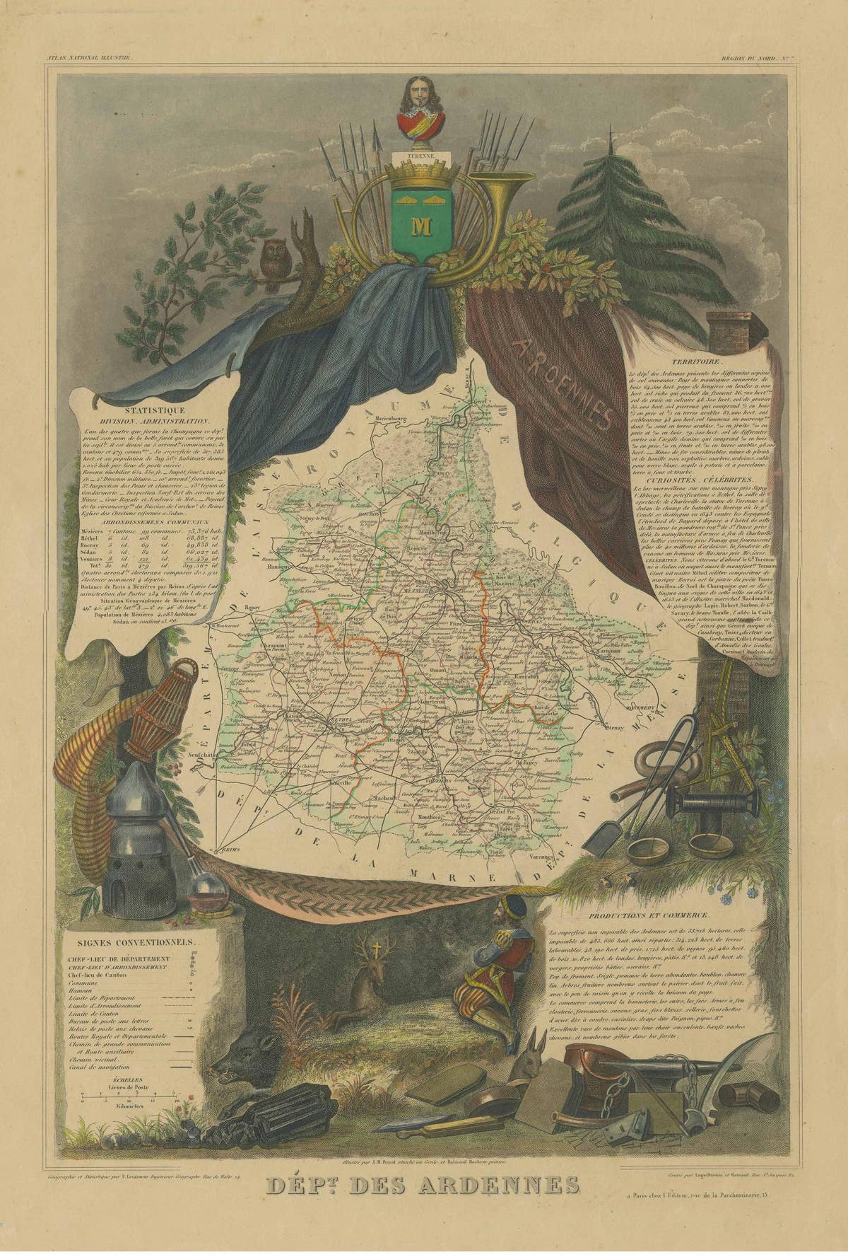 Hand Colored Antique Map of the department of Ardennes, France