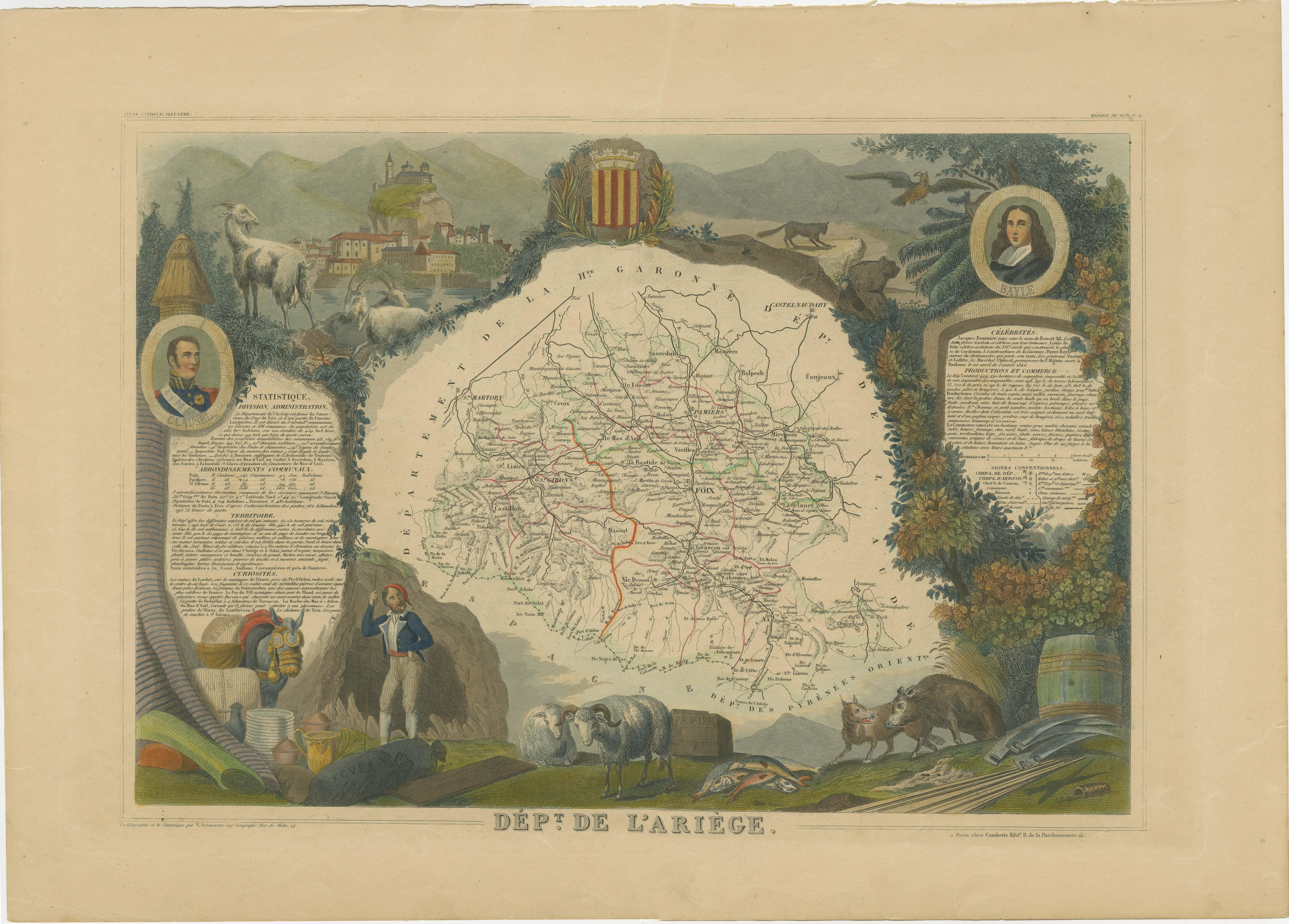 Antique map titled 'Dépt. de l'Ariège'. Map of the French department of Ariege, France. This area of France is known for its production of semi-soft and mild cheeses, such as Bethmale, Bamalous, Moulis and Rogallai. The whole is surrounded by