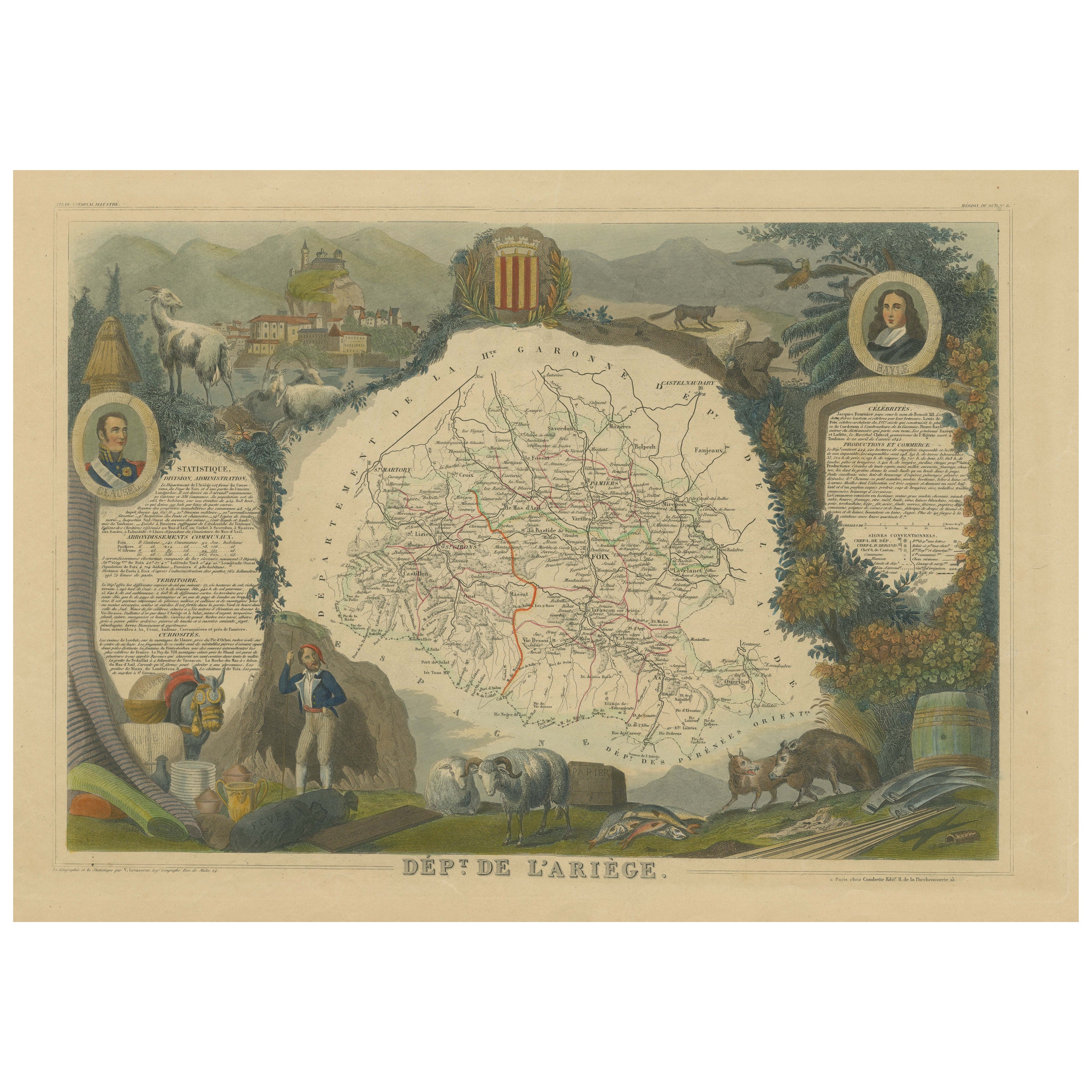 Carte ancienne coloriée à la main du département de l'Ariège, France