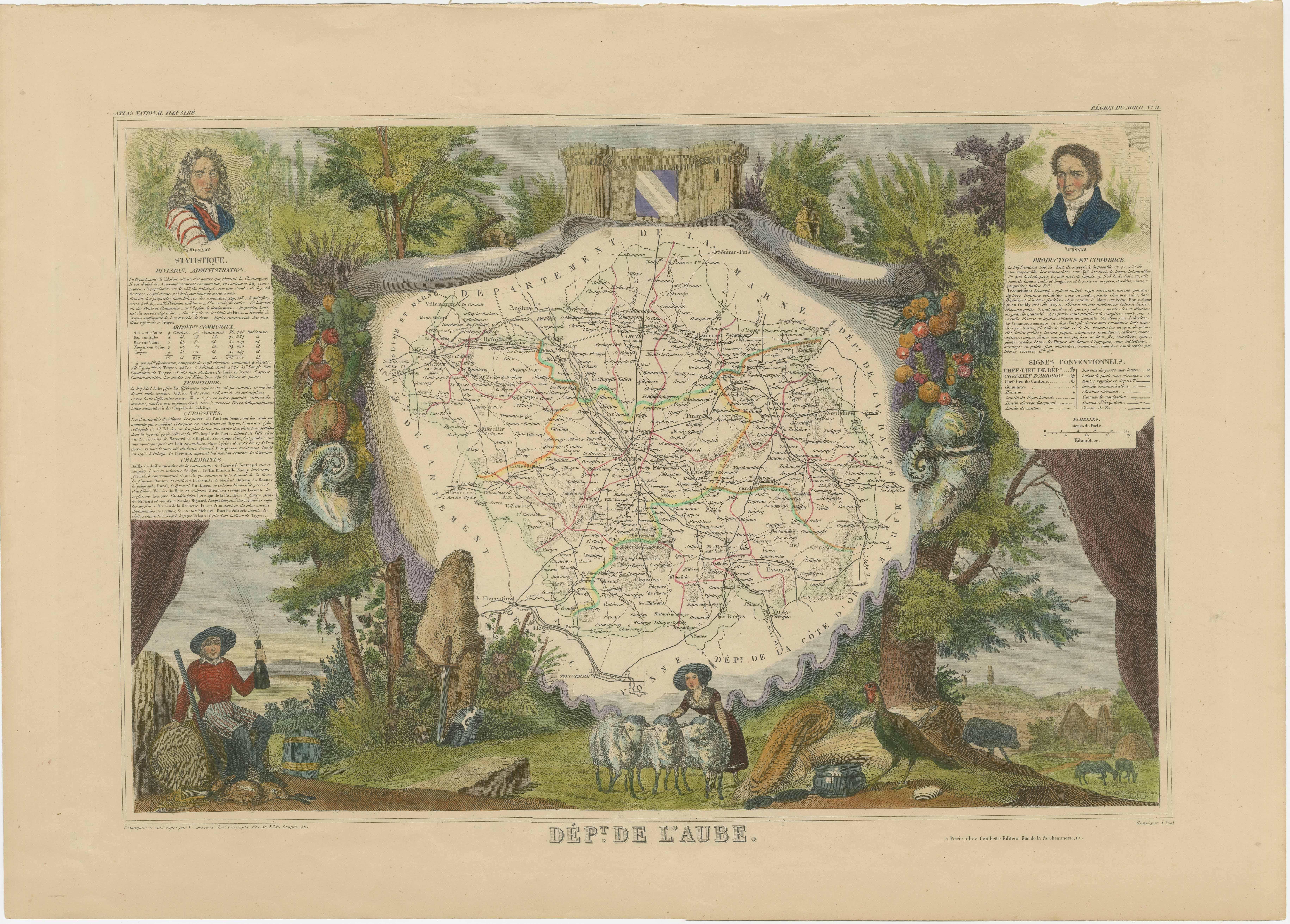 Antique map titled 'Dépt. de l'Aube'. Map of the French department of Aube, France. This area of France is known for its production of Chaource, a soft and salted cheese. Aube is part of France's Champagne region. The whole is surrounded by