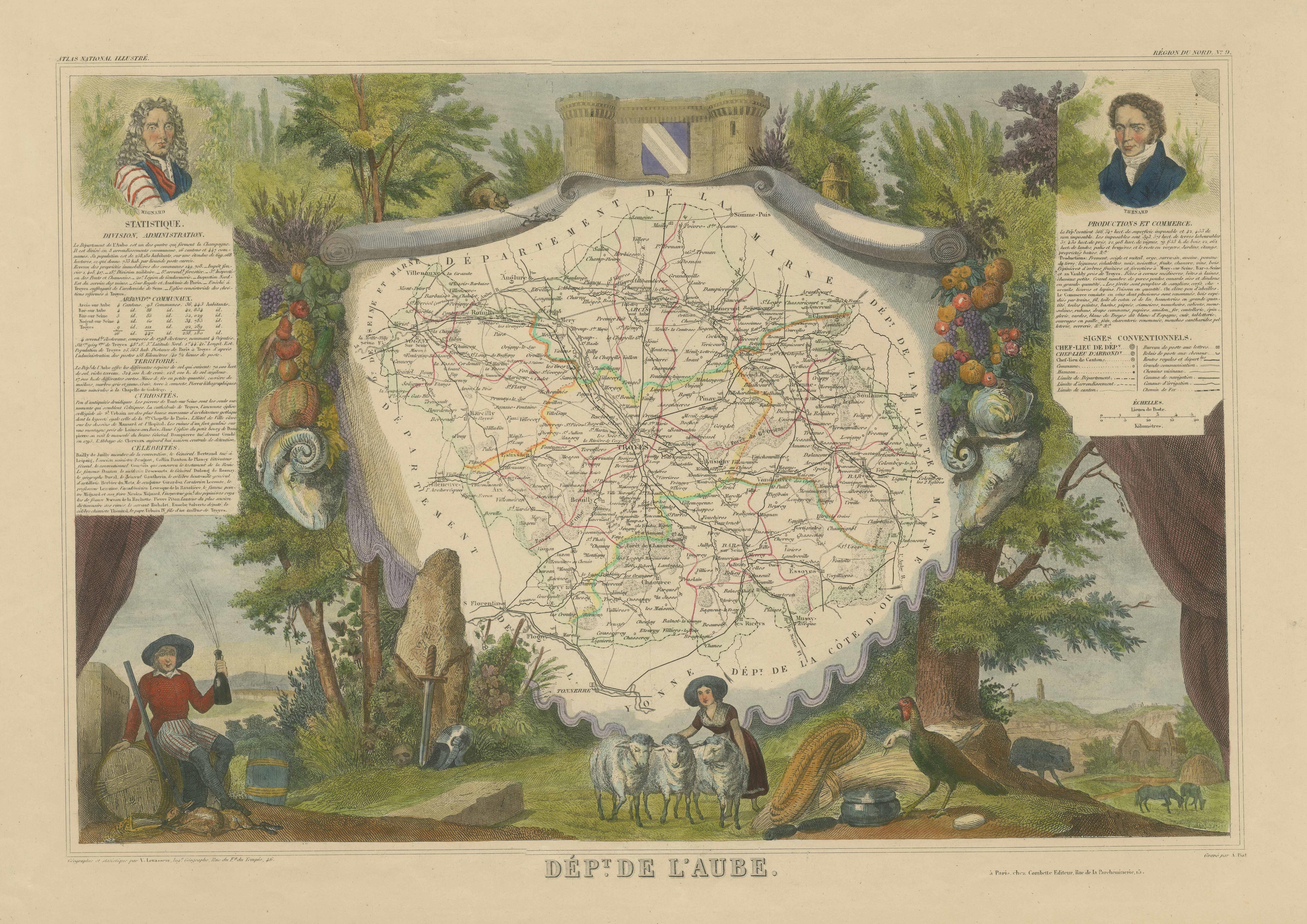 Hand Colored Antique Map of the department of Aube, France In Good Condition For Sale In Langweer, NL