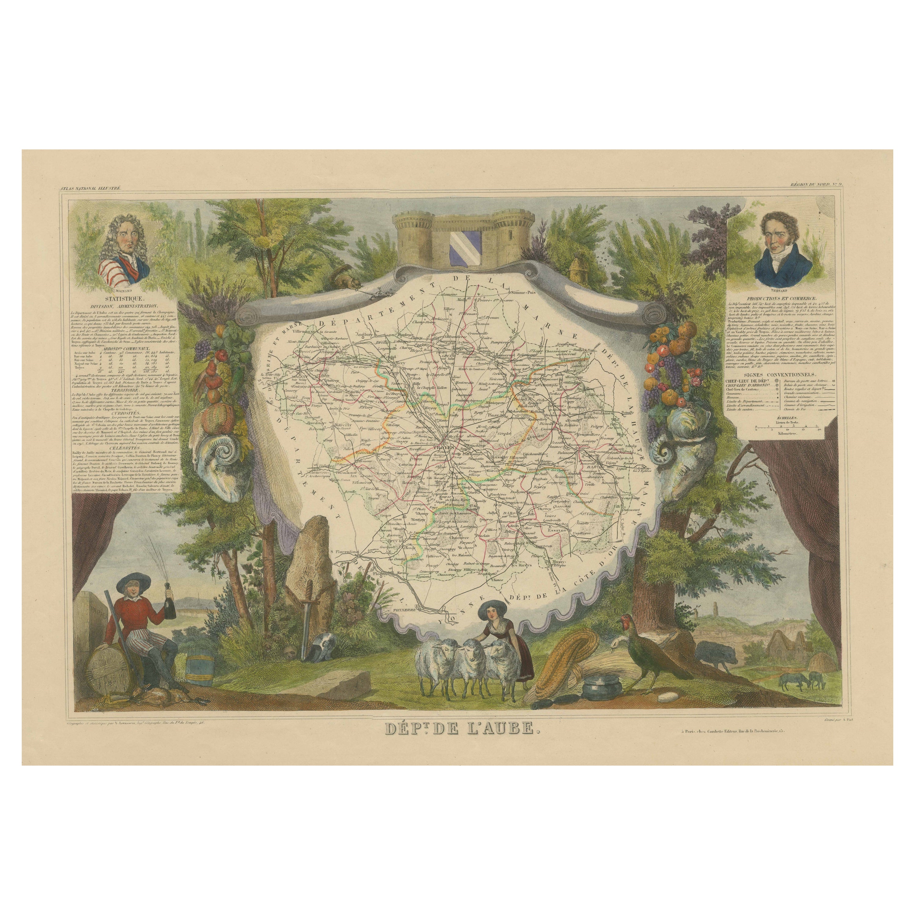 Carte ancienne colorée à la main du département de l'Aube, France
