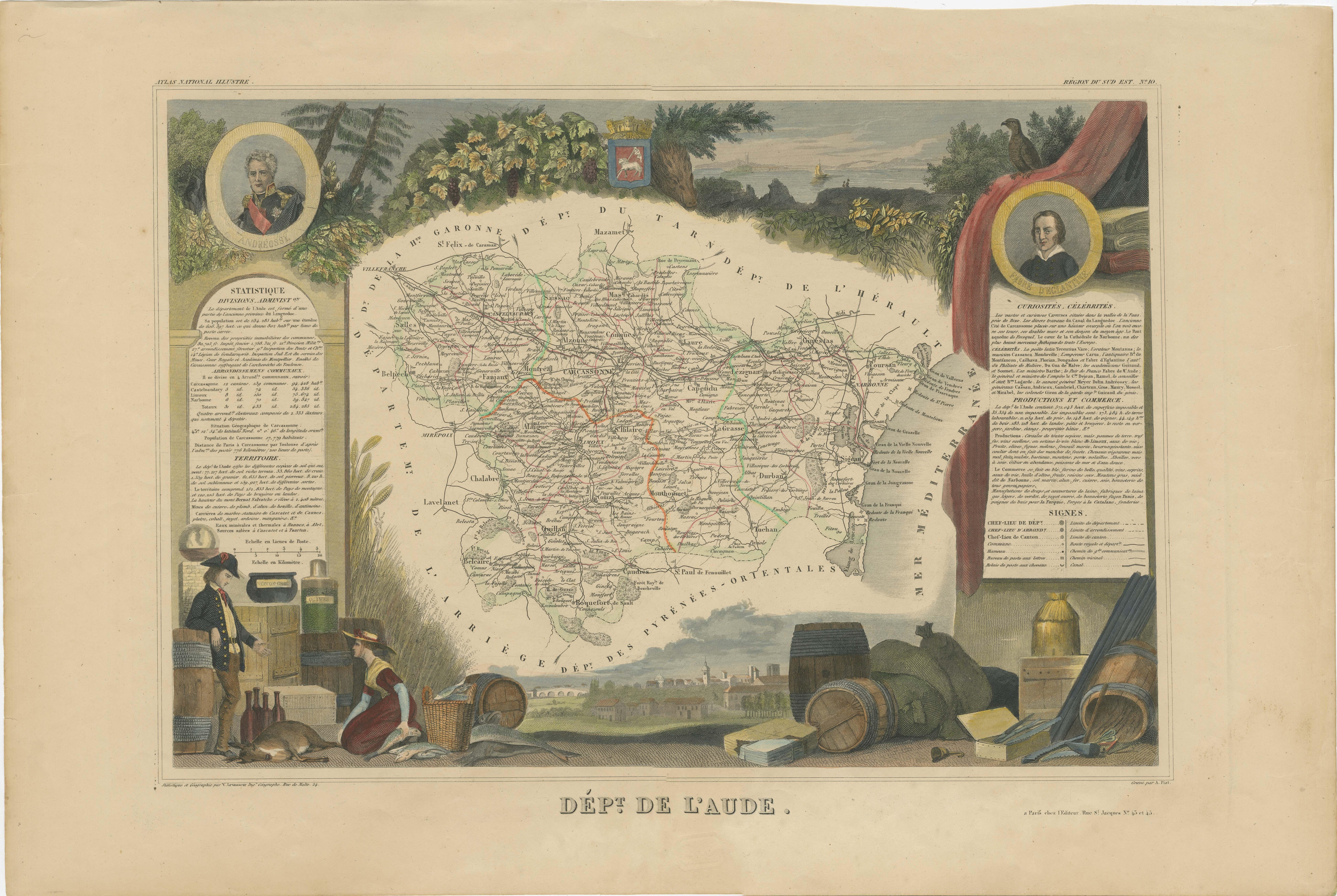 Antique map titled 'Dépt. de l'Aude'. Map of the French department of Aude, France. This area of France is famous for its wide variety of vineyards and wine production. In the east are the wines of Corbieres and la Clape, in the center are Minervois