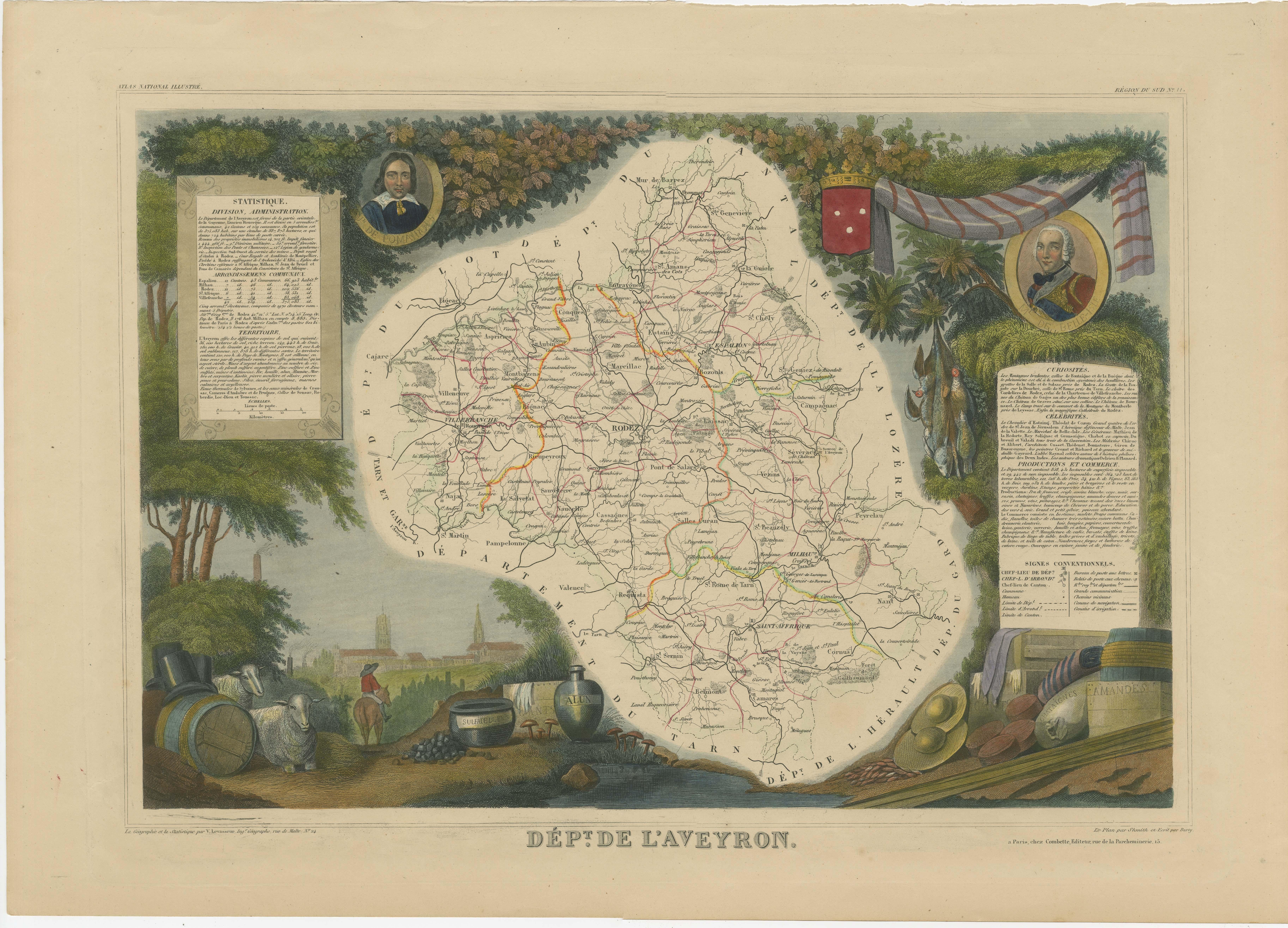 Antique map titled 'Dépt. de l'Aveyron'. Map of the French department of Aveyron, France. This area of France, centered on Rodez, is famous for its production of Roquefort, a flavorful ewe's milk blue cheese. This region is also known for the