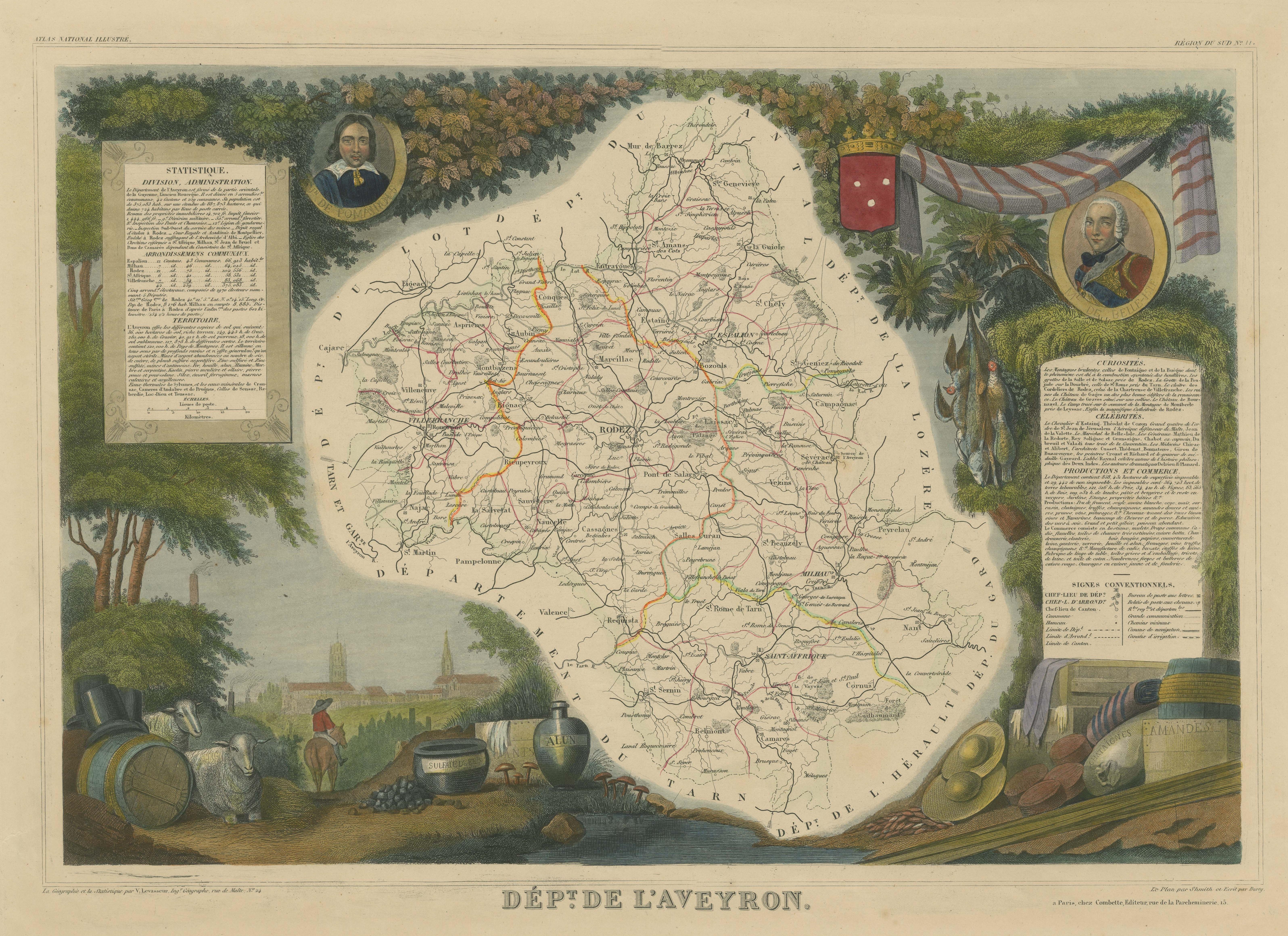 Handkolorierte antike Karte der Abteilung von Aveyron, Frankreich im Zustand „Gut“ im Angebot in Langweer, NL