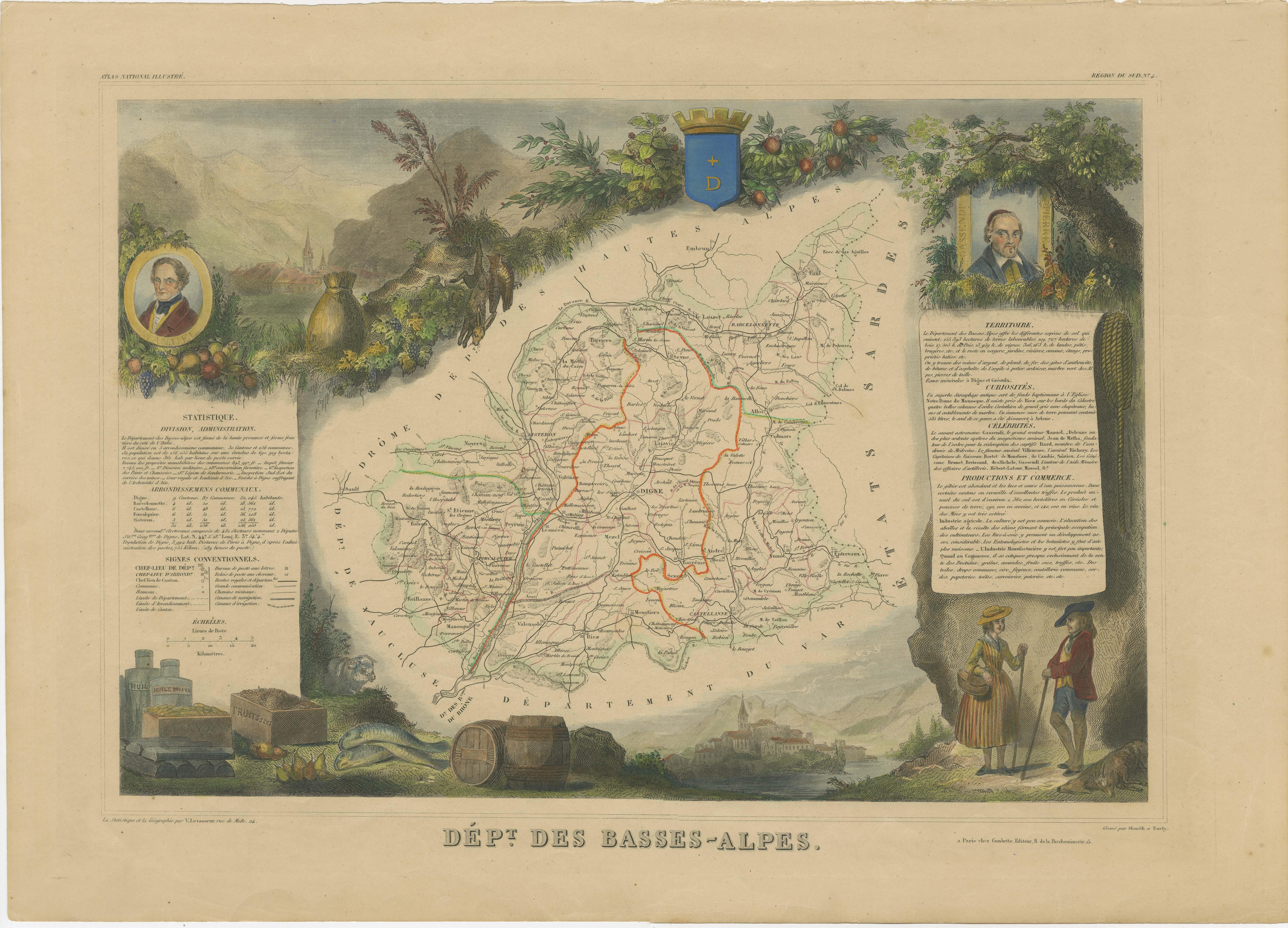 Antike Karte mit dem Titel 'Dépt. de l'Aube'. Karte des französischen Departements Basses-Alpes, Frankreich. Das Ganze ist von aufwendigen dekorativen Gravuren umgeben, die sowohl die natürliche Schönheit als auch den Handelsreichtum des Landes