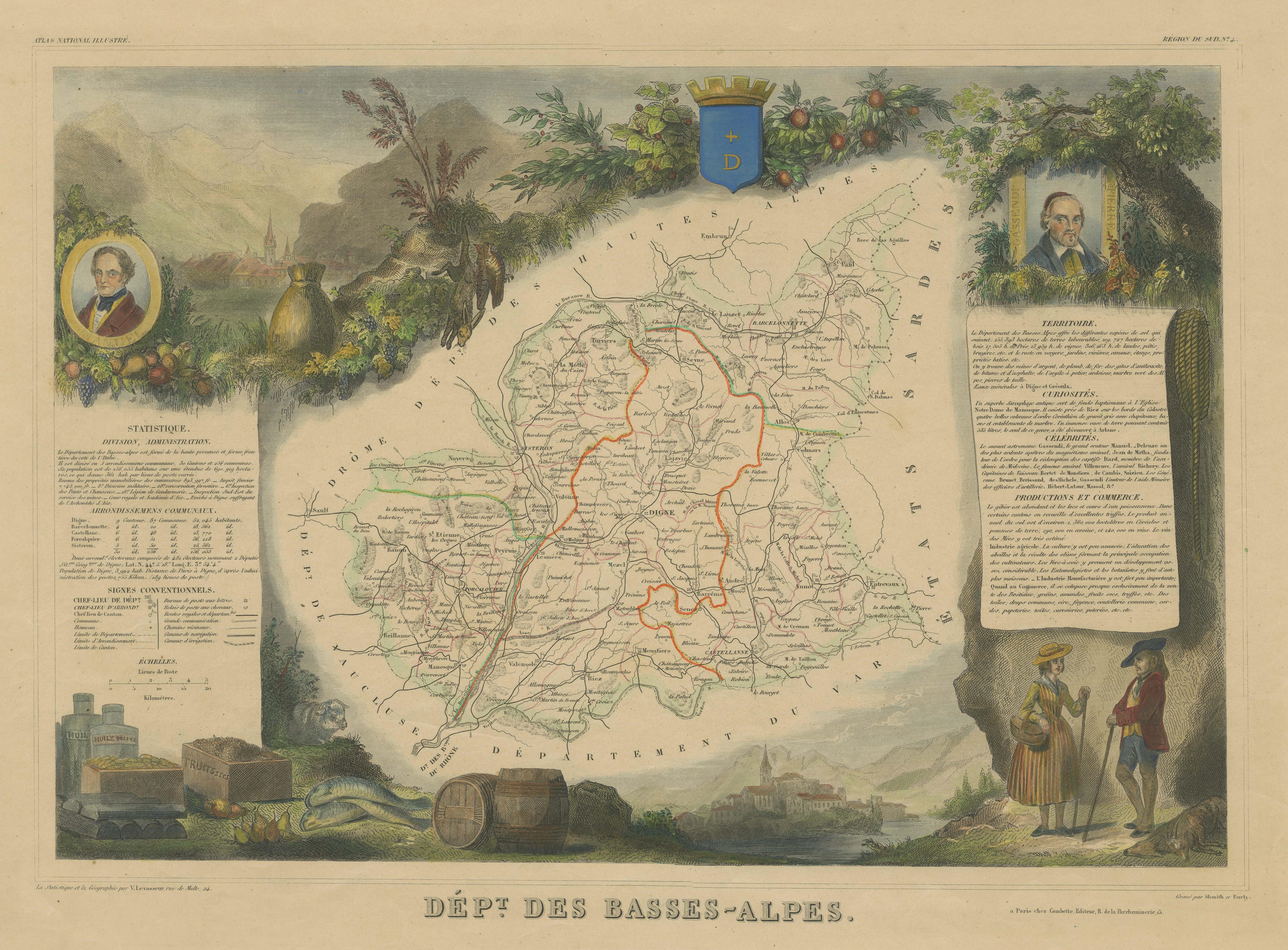 Mapa Antiguo Coloreado a Mano del Departamento de Bajos Alpes, Francia en Bueno estado para la venta en Langweer, NL