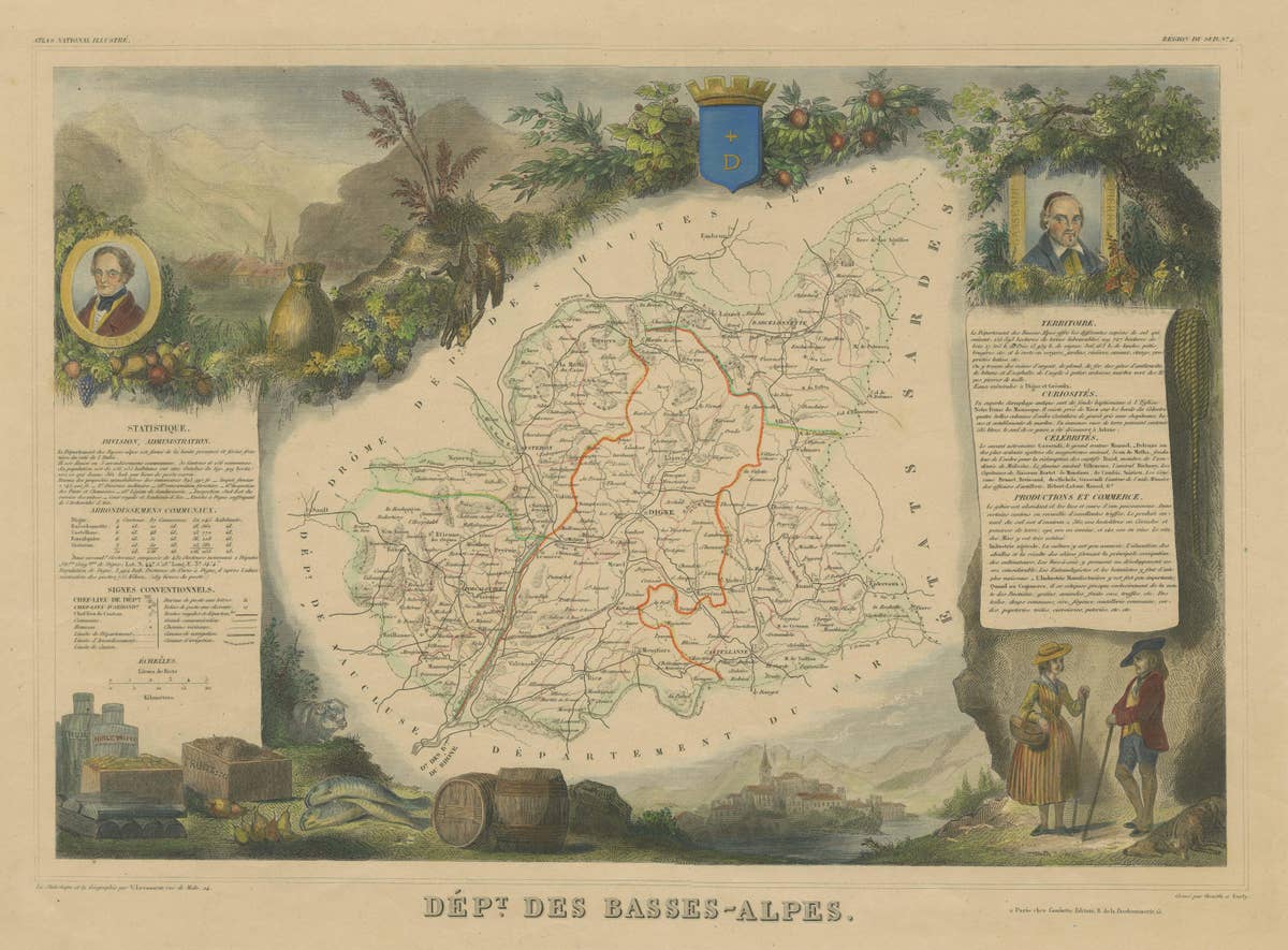 Hand Colored Antique Map of the Department of Basses-Alpes, France
