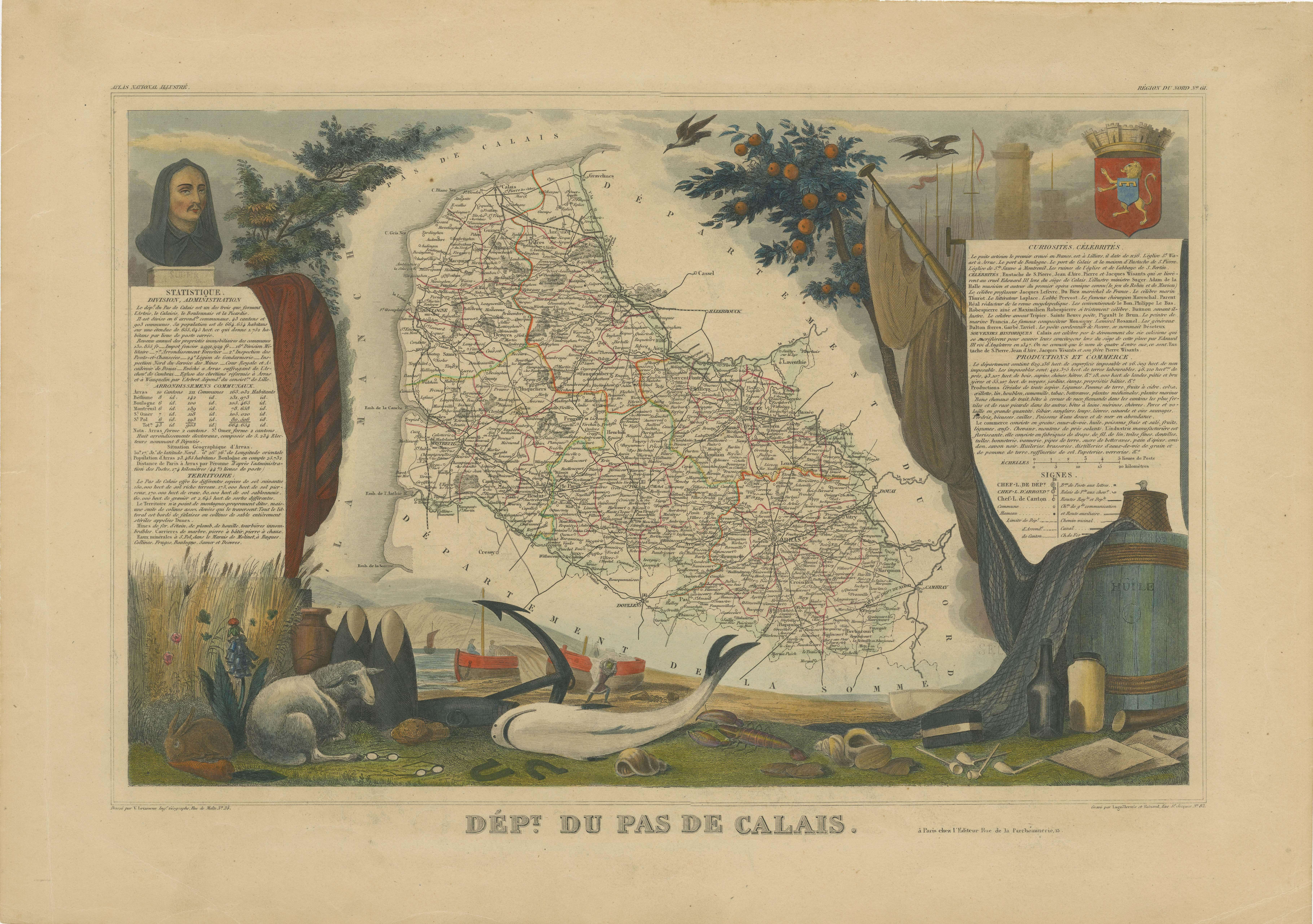 Antique map titled 'Dépt. du Pas de Calais'. Map of the French department of Calais, France. This area is known for producing Maroilles, a soft cheese made from cow’s milk and with a washed rind. The map proper is surrounded by elaborate decorative