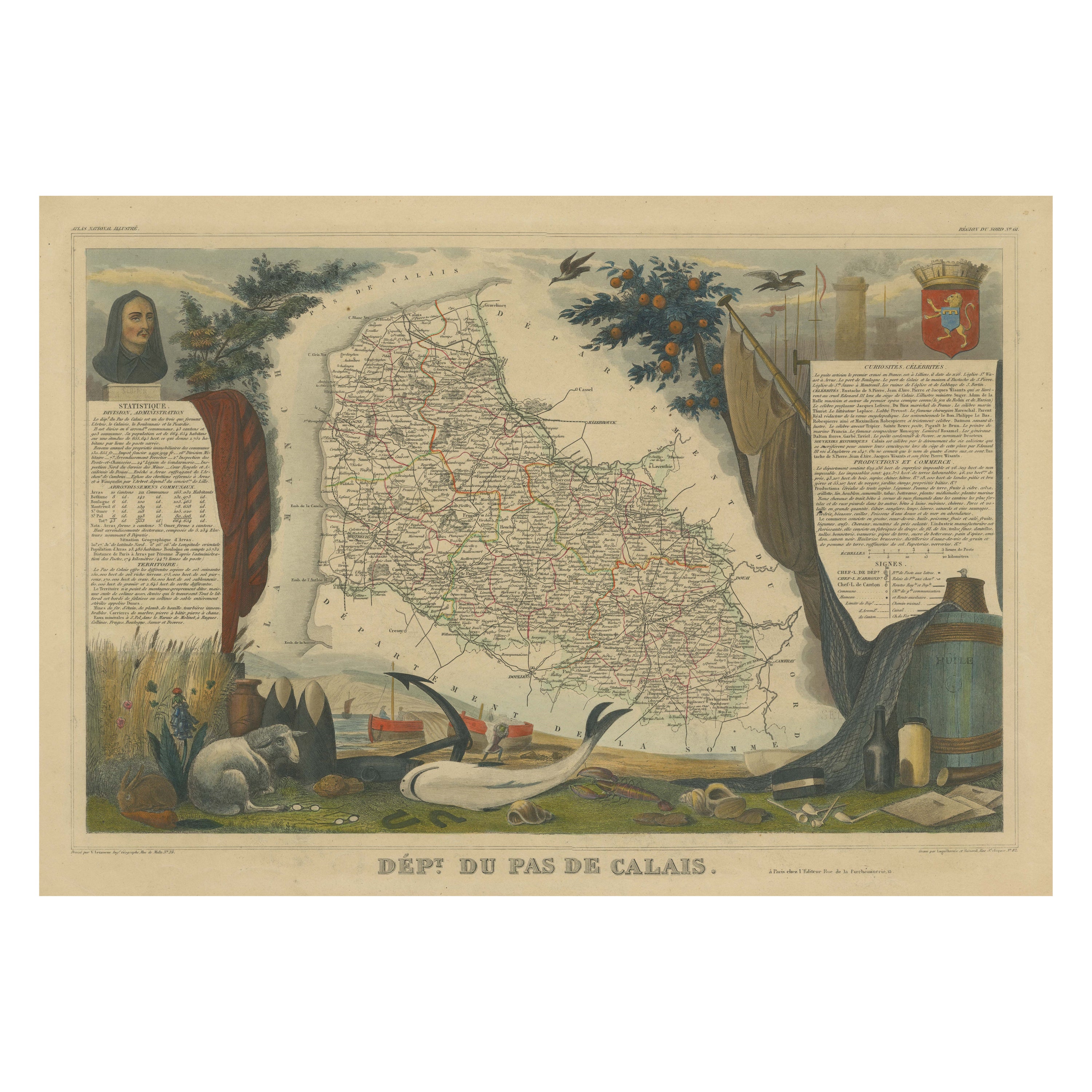Carte ancienne, colorée à la main, du département de Calais, France