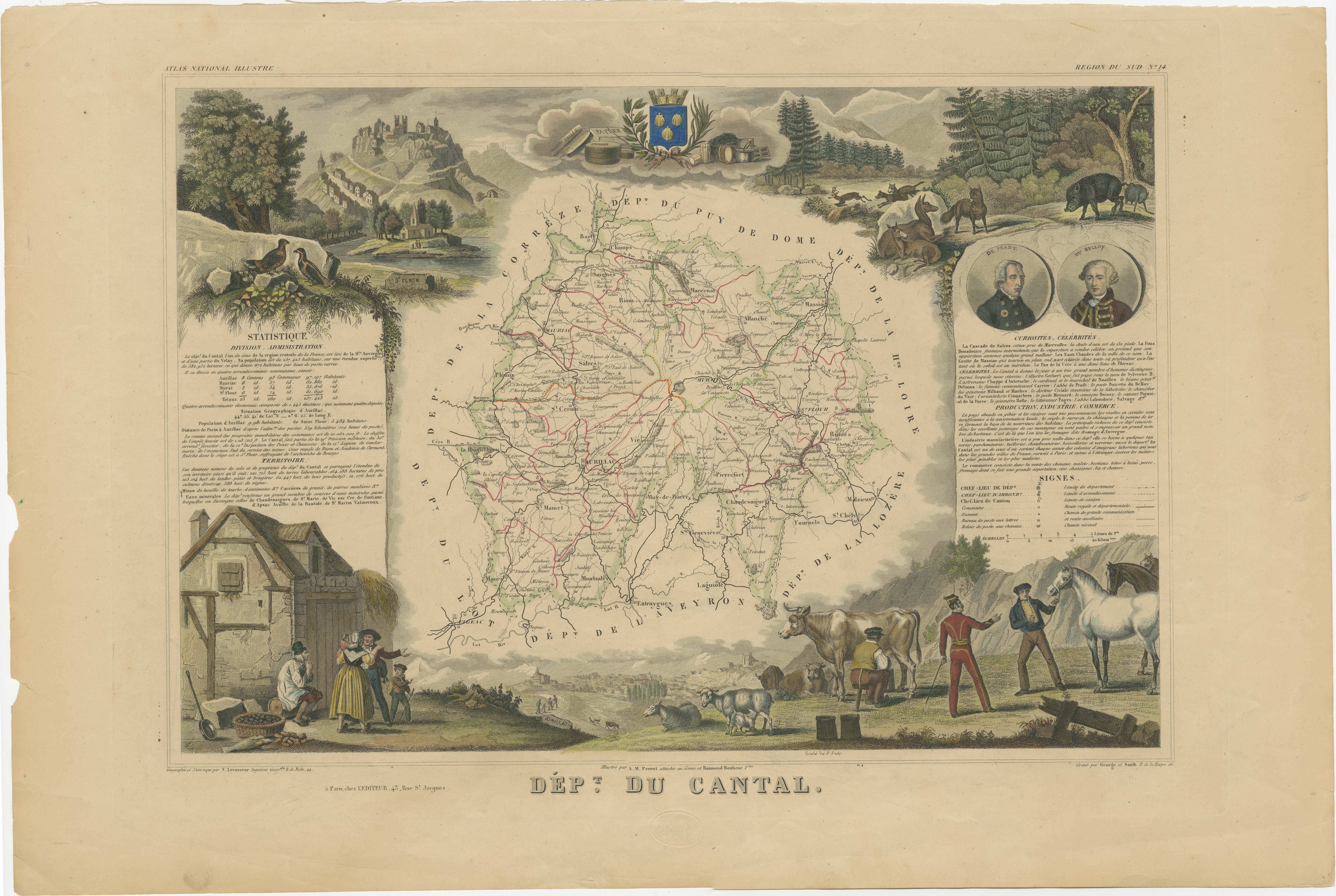 Antique map titled 'Dépt. du Cantal'. Map of the French department of Cantal, France. This area of France is known for its production of Cantal, a firm cheese, named after the region. The whole is surrounded by elaborate decorative engravings