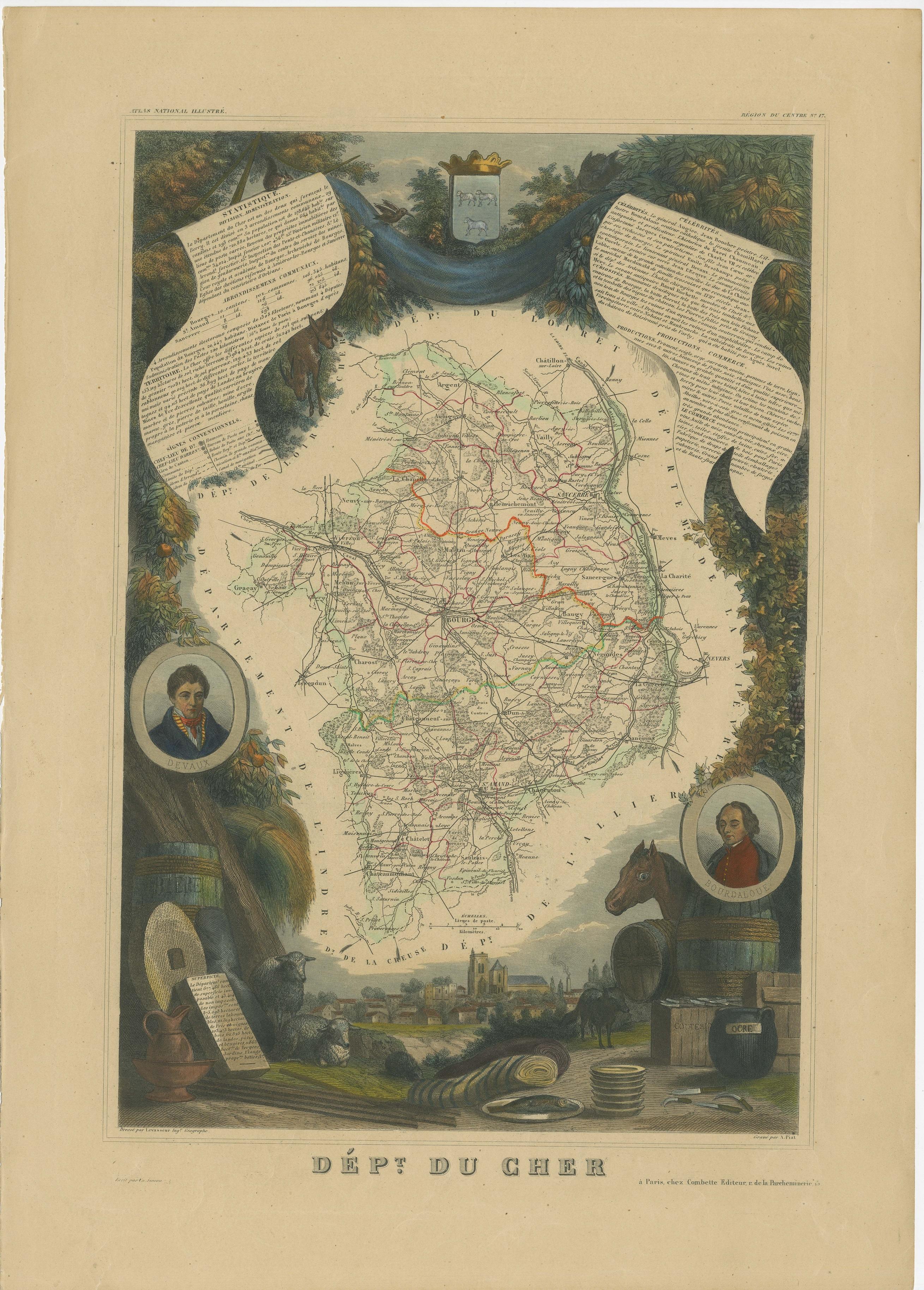Antique map titled 'Dépt. du Cher'. Map of the French department of Cher, France. This area of France is known for its production of Selles Sur Cher, a goats-milk cheese. The whole is surrounded by elaborate decorative engravings designed to