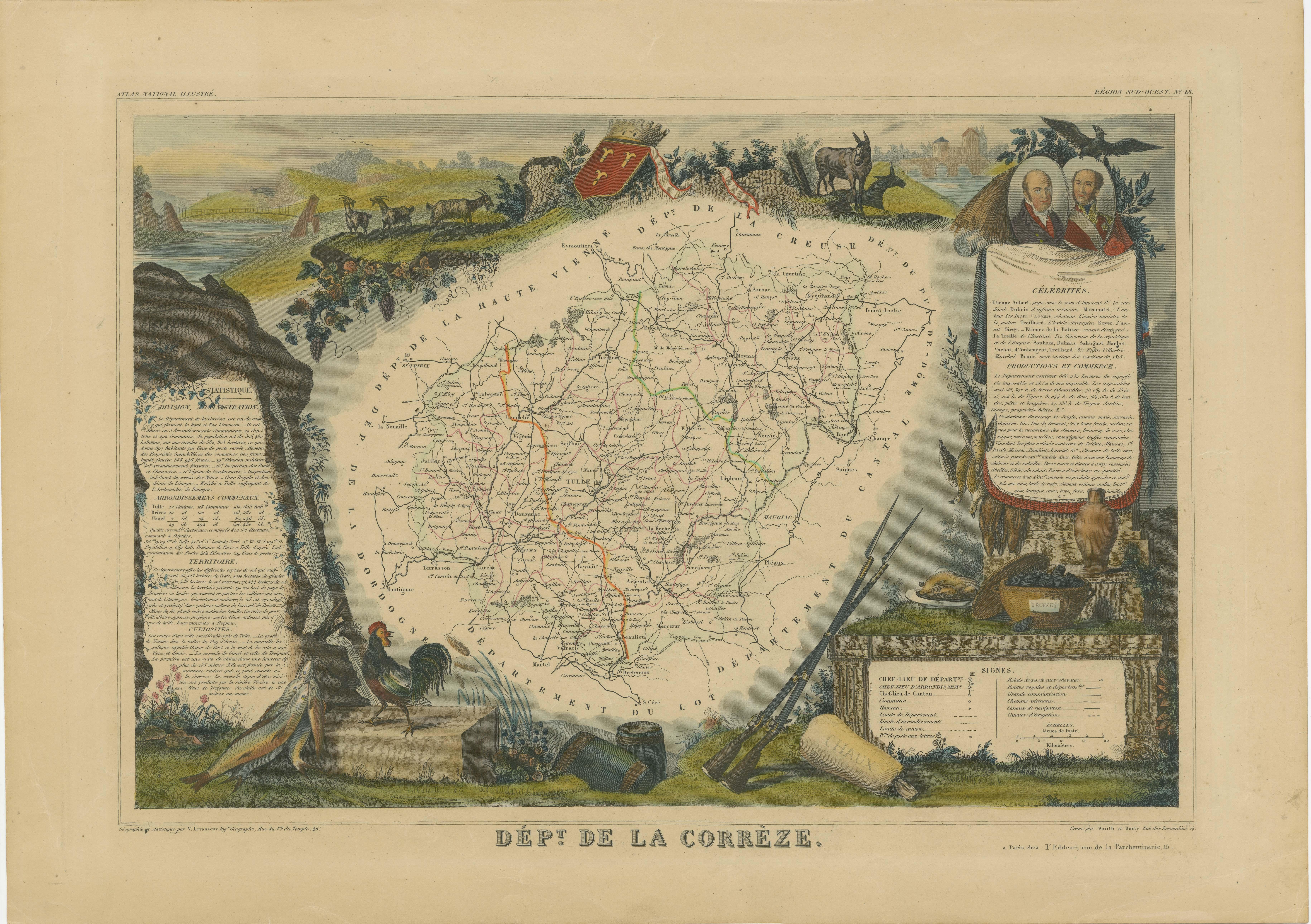 Antique map titled 'Dépt. de la Corrèze'. Map of the French department of Correze, France. This area of France is known for its production of Straw Wine, a sweet red or white wine. The whole is surrounded by elaborate decorative engravings designed