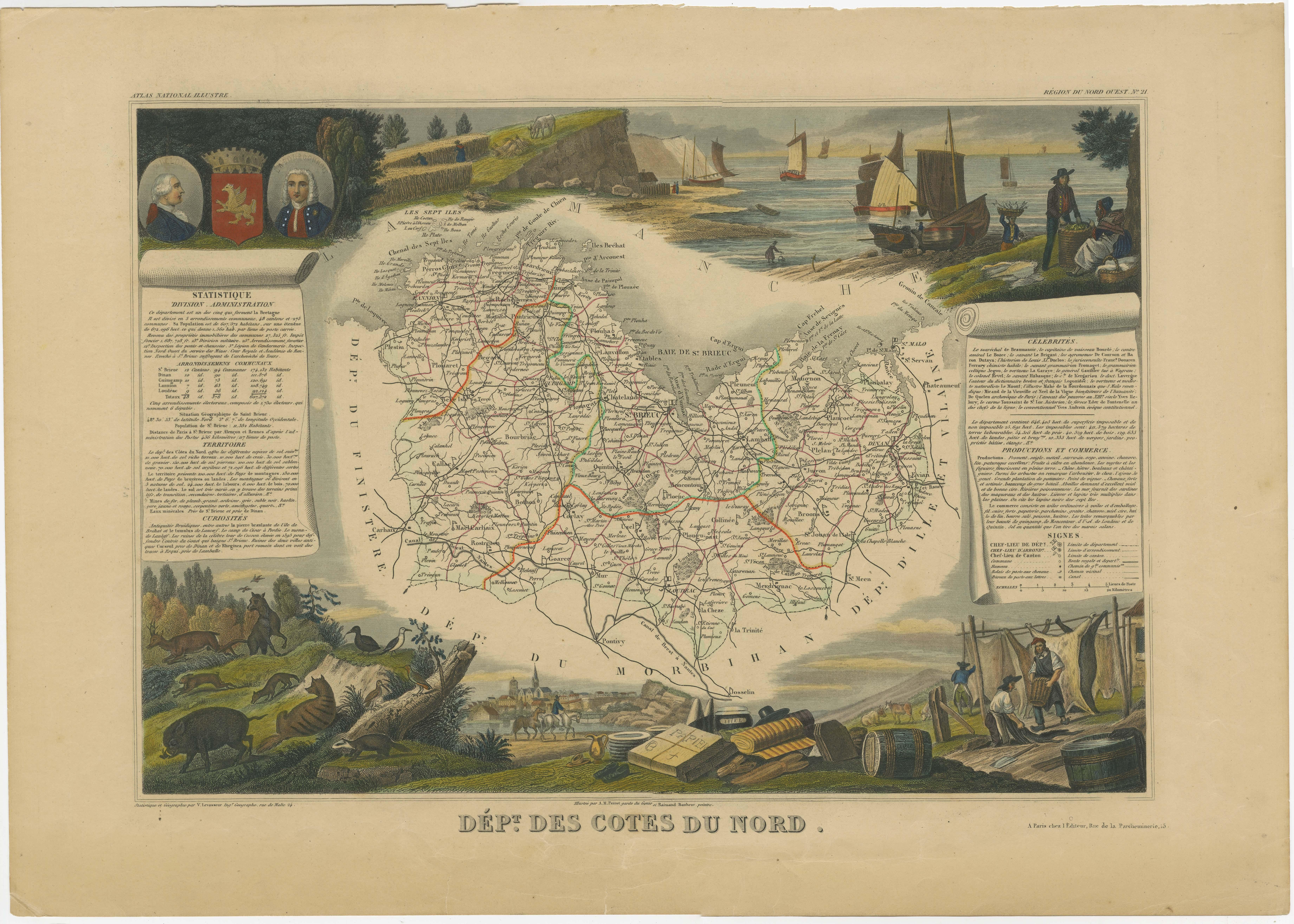 Antique map titled 'Dept. des Cotes du Nord'. Map of the French department of Cotes du Nord, a maritime region in Brittany, France. The whole is surrounded by elaborate decorative engravings designed to illustrate both the natural beauty and trade