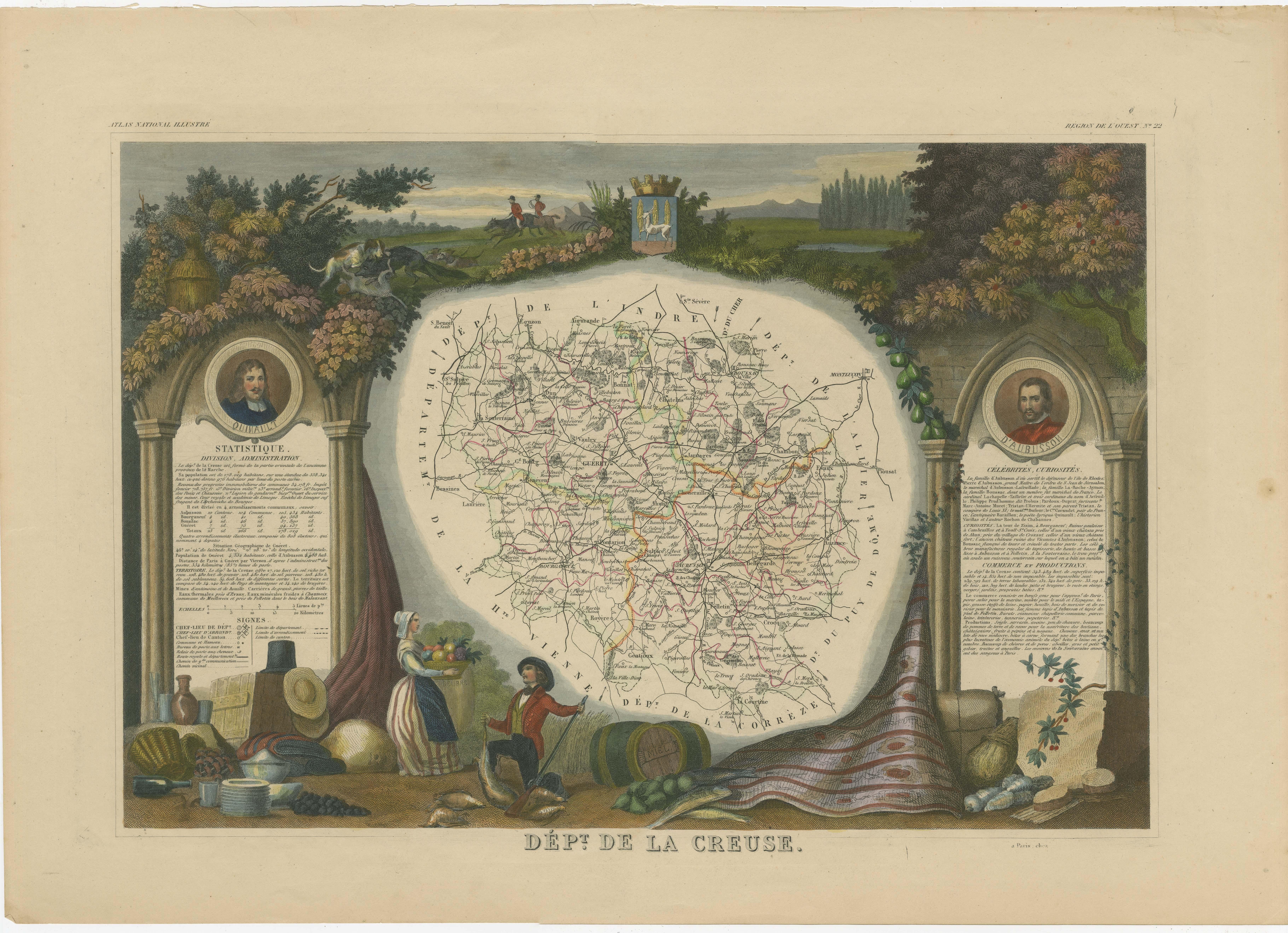 Antique map titled 'Dépt. de la Creuse'. Map of the French department of Creuse, France. This region is well known for its apple cider made from Limousin apples and its internationally renowned Limousine beef. The whole is surrounded by elaborate