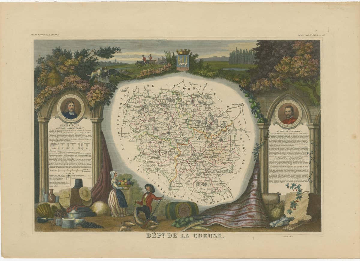 Hand Colored Antique Map of the Department of Creuse, France