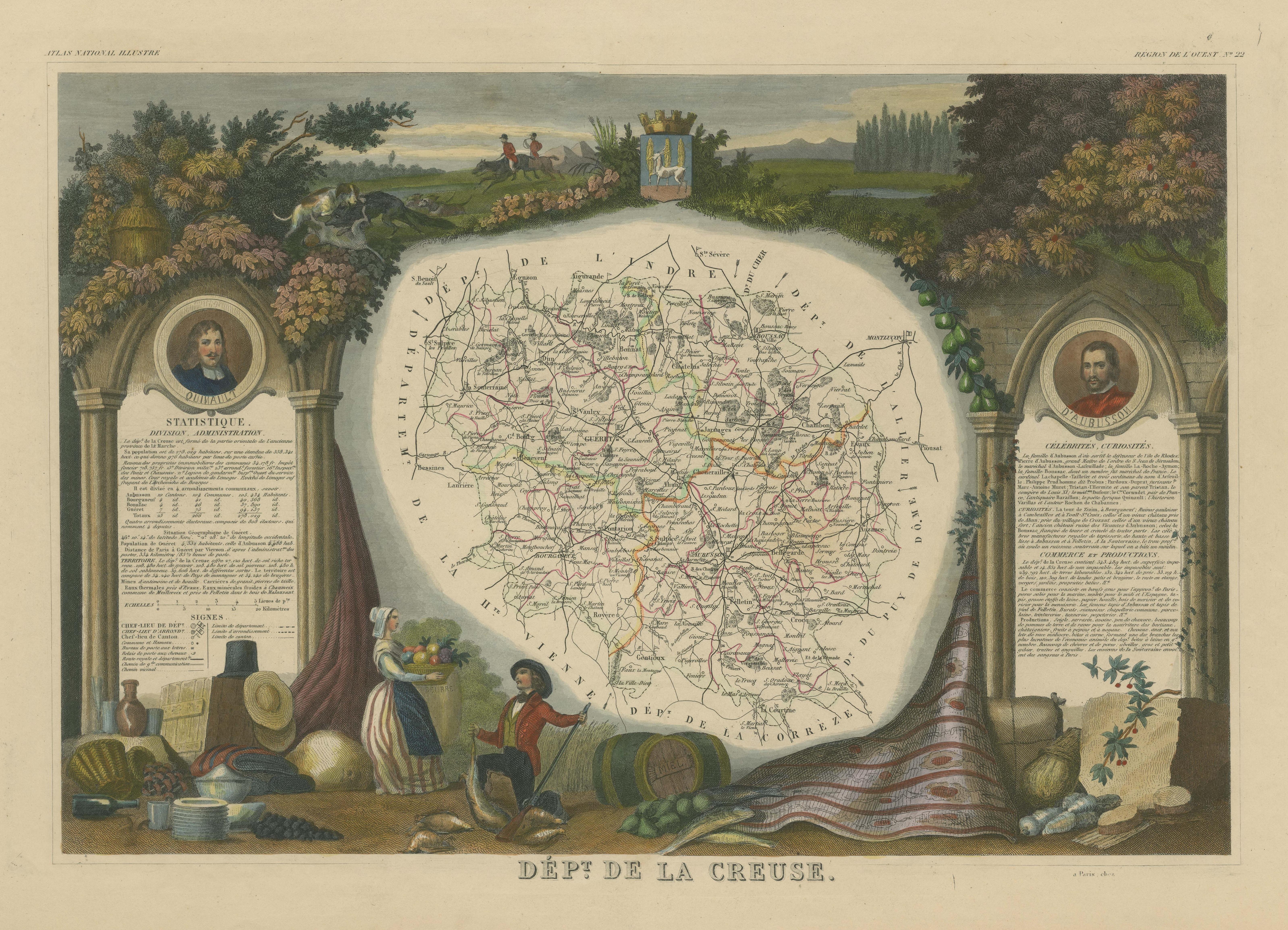 Mapa Antiguo Coloreado a Mano del Departamento de Creuse, Francia en Bueno estado para la venta en Langweer, NL