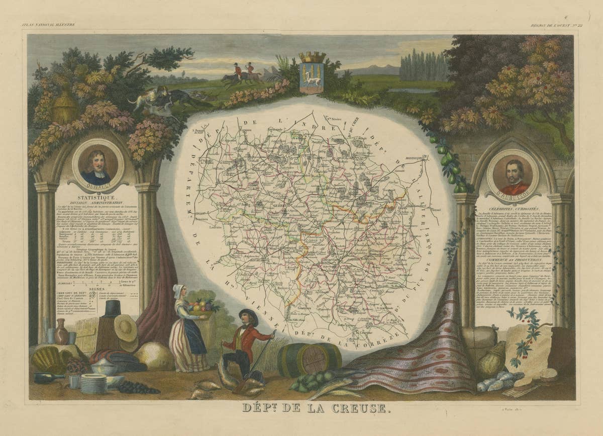 Hand Colored Antique Map of the Department of Creuse, France