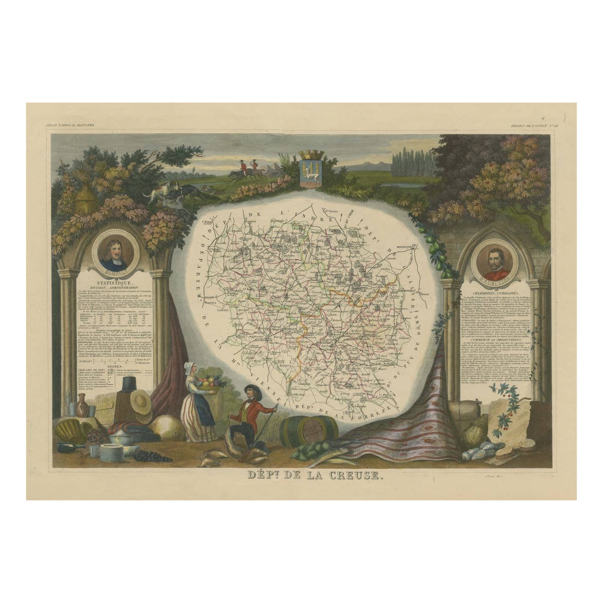 Hand Colored Antique Map of the Department of Creuse, France