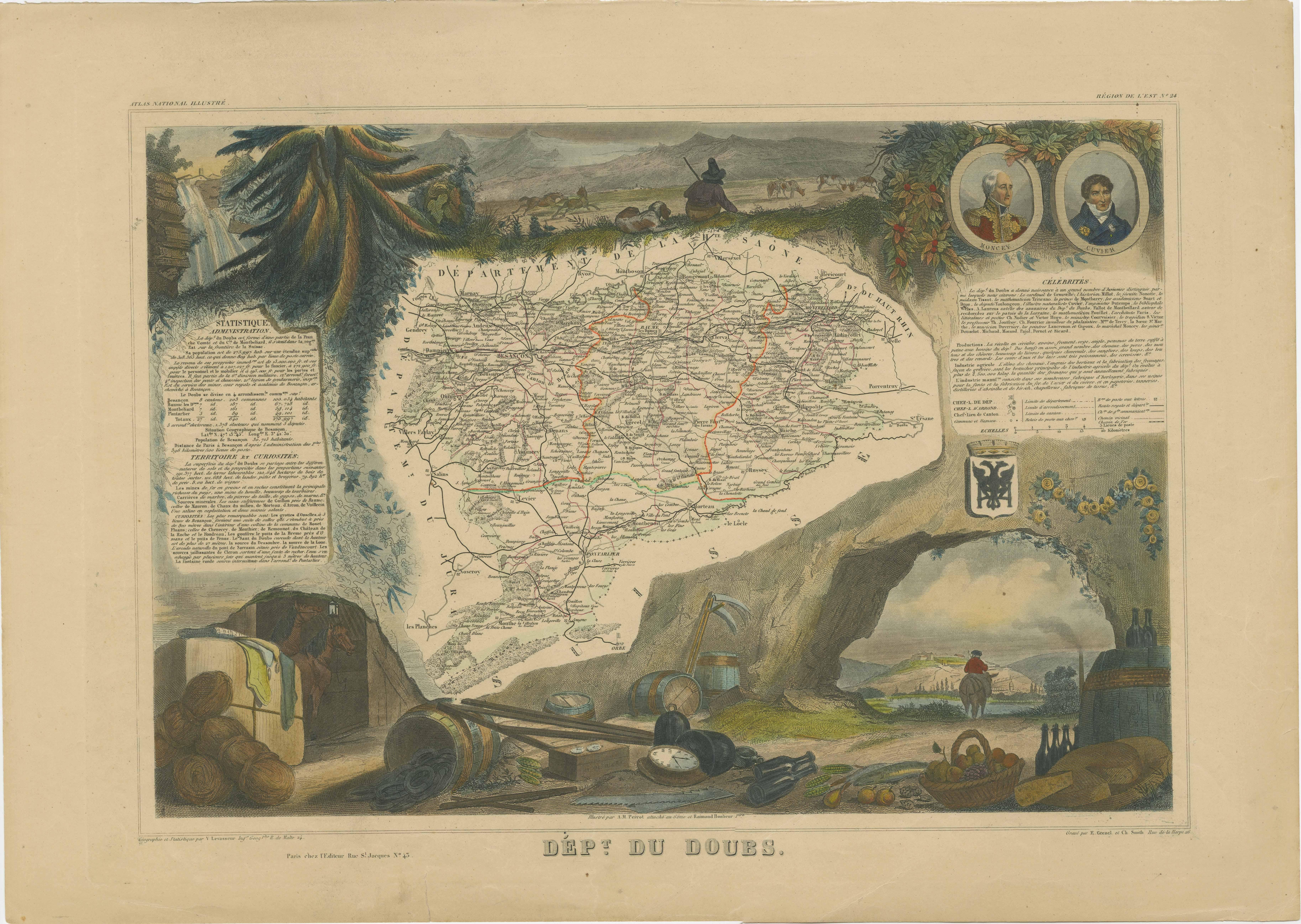 Antike Karte mit dem Titel 'Dépt. du Doubs'. Karte des französischen Departements Doubs, Frankreich. Das Ganze ist von aufwendigen dekorativen Gravuren umgeben, die sowohl die natürliche Schönheit als auch den Handelsreichtum des Landes illustrieren