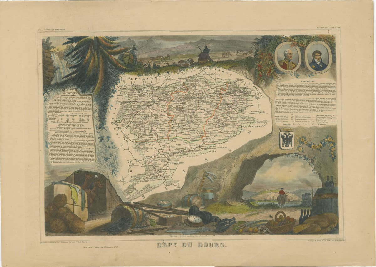 Hand Colored Antique Map of the Department of Doubs, France