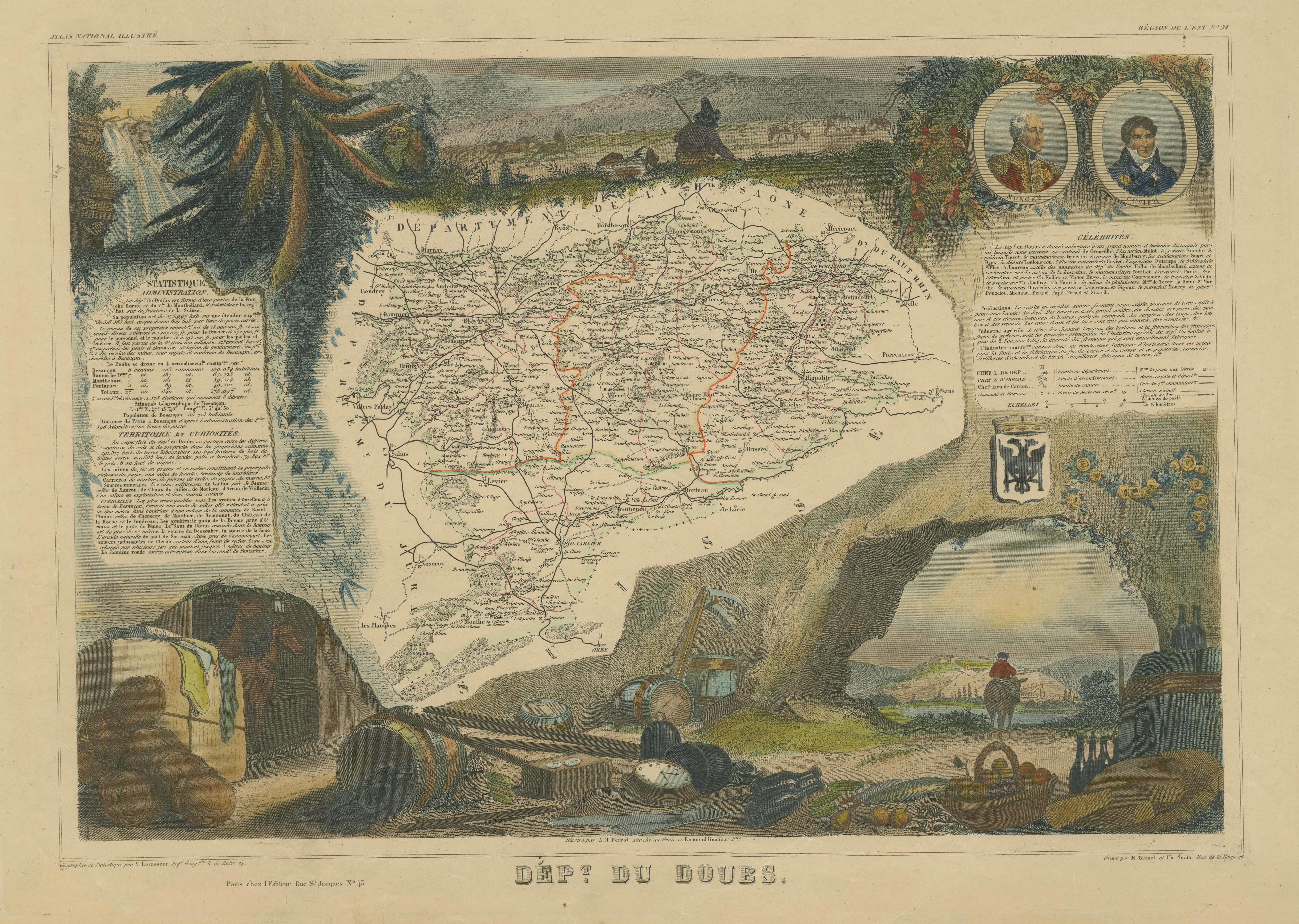 Handkolorierte antike Karte des Departements Doubs, Frankreich im Zustand „Gut“ im Angebot in Langweer, NL