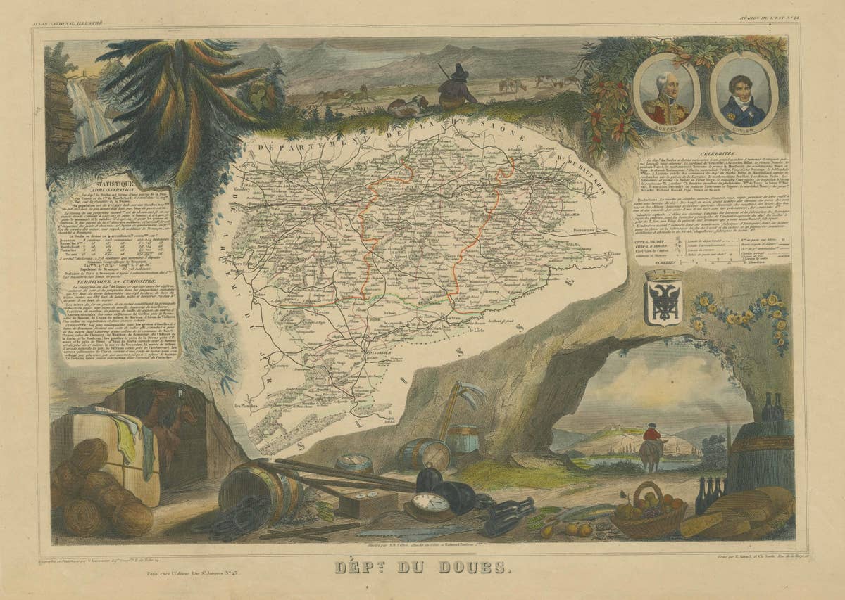 Hand Colored Antique Map of the Department of Doubs, France