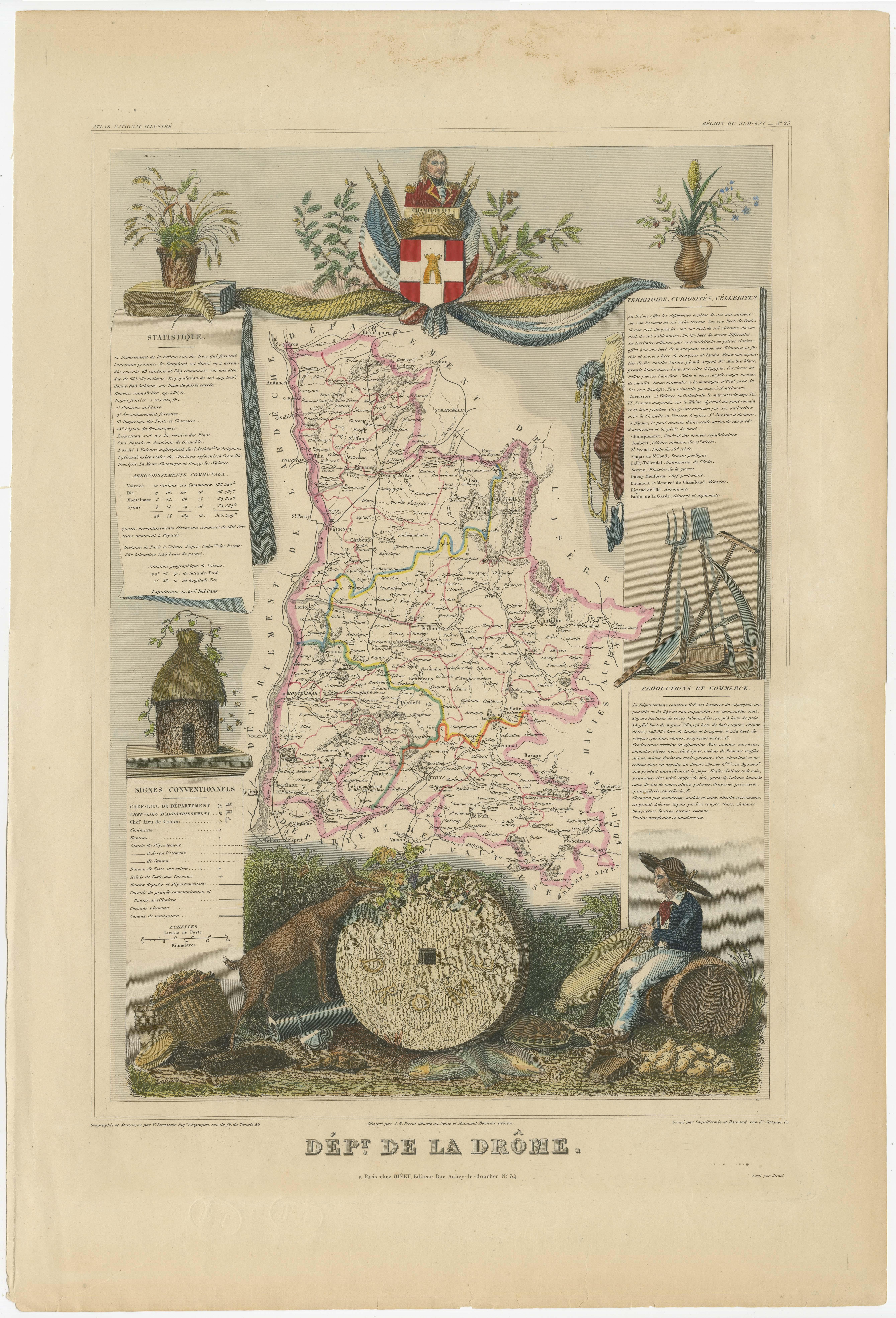 Antique map titled 'Dépt. de la Drôme'. Map of the French department of Drôme, France. This area is known for its production of Picodon, a spicy goats-milk cheese. The whole is surrounded by elaborate decorative engravings designed to illustrate