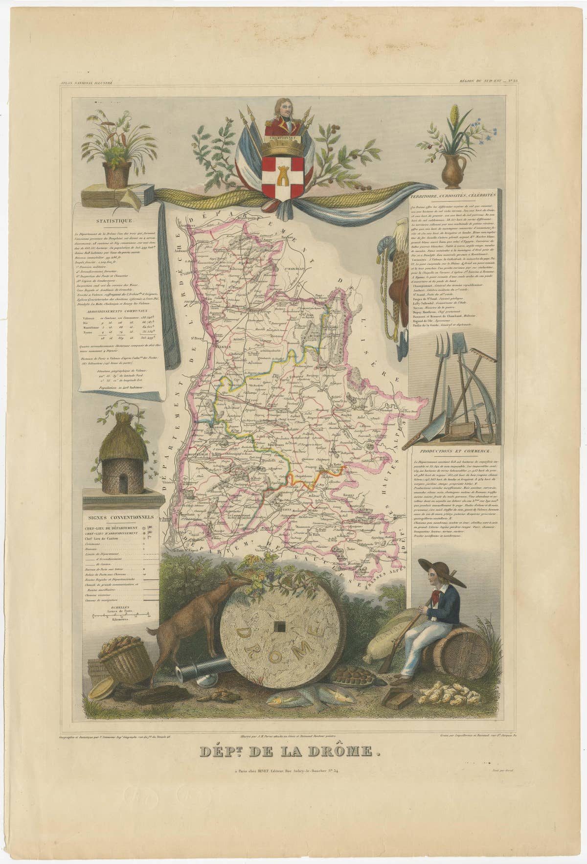 Hand Colored Antique Map of the department of Drôme, France