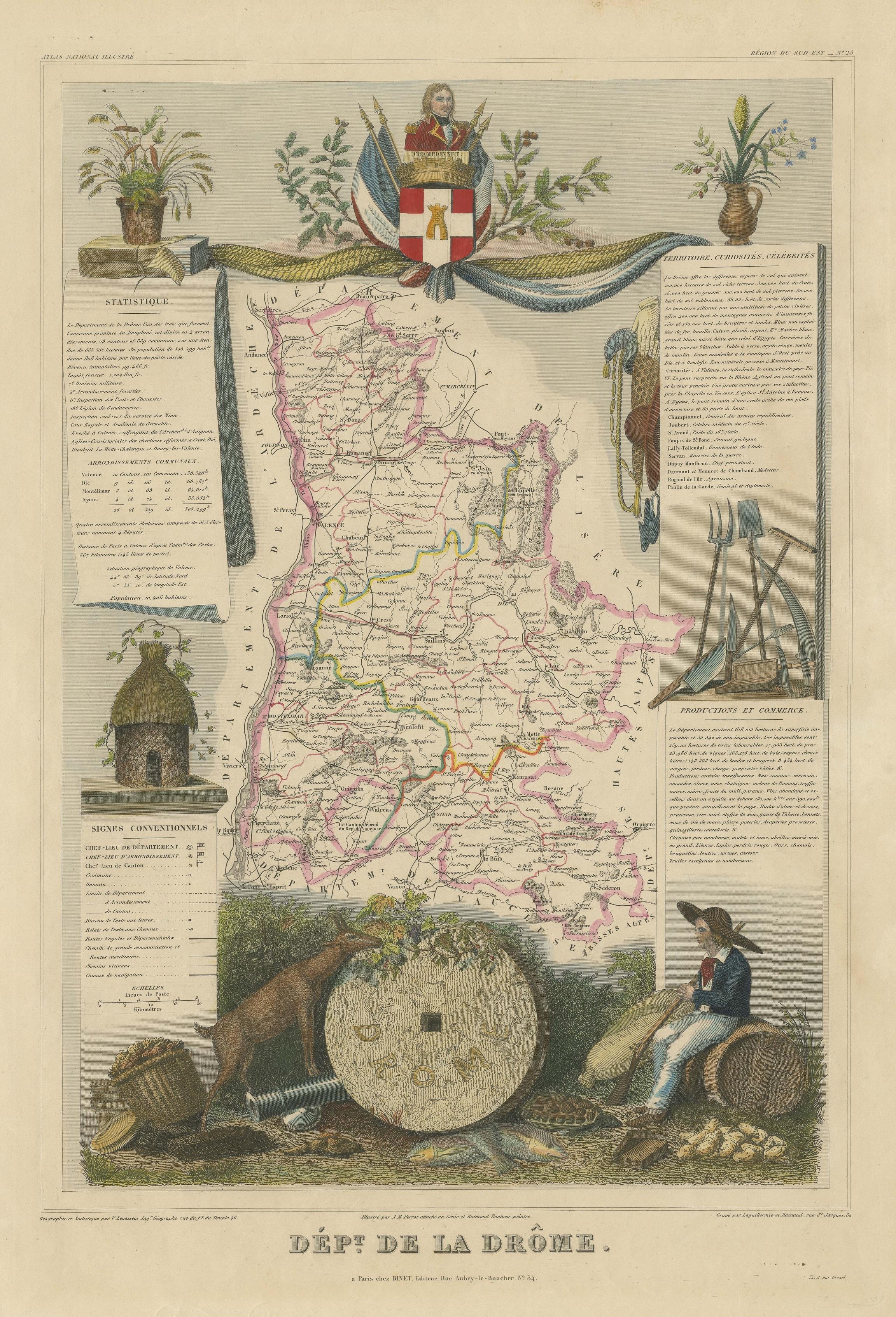 Hand Colored Antique Map of the department of Drôme, France In Good Condition For Sale In Langweer, NL