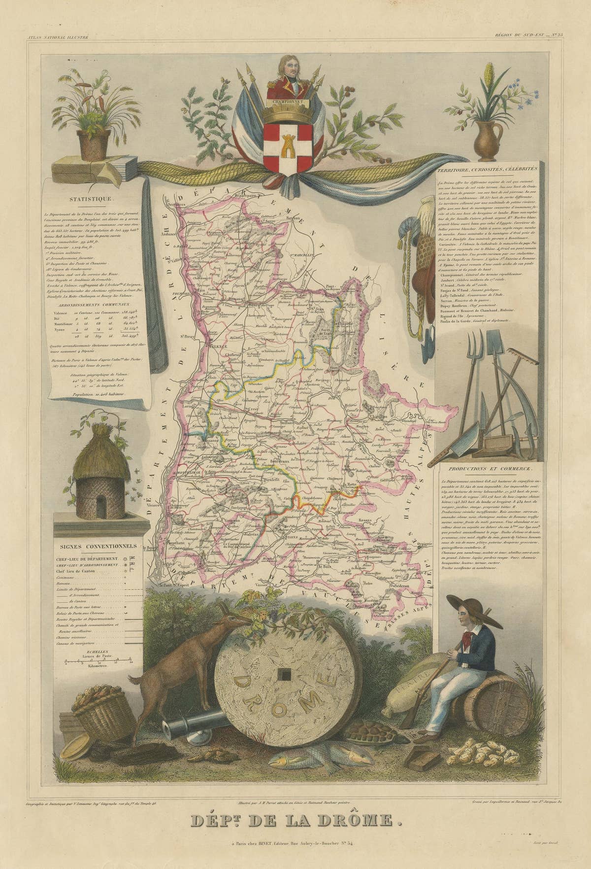 Hand Colored Antique Map of the department of Drôme, France
