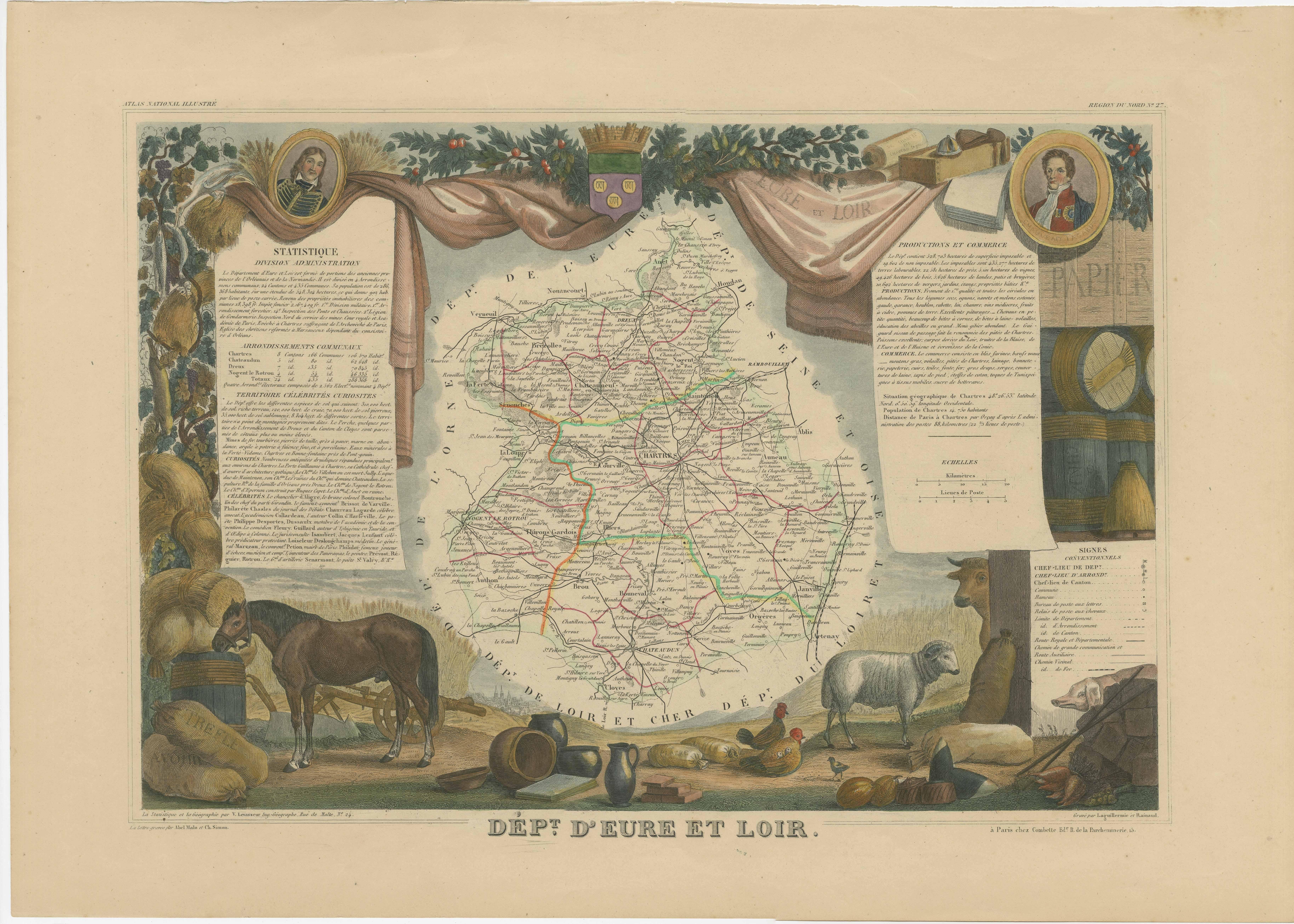 Antique map titled 'Dépt. d'Eure et Loir'. Map of the French department of Eure-et-Loir, France. This area is home to the famous Chartres Cathedral. The whole is surrounded by elaborate decorative engravings designed to illustrate both the natural