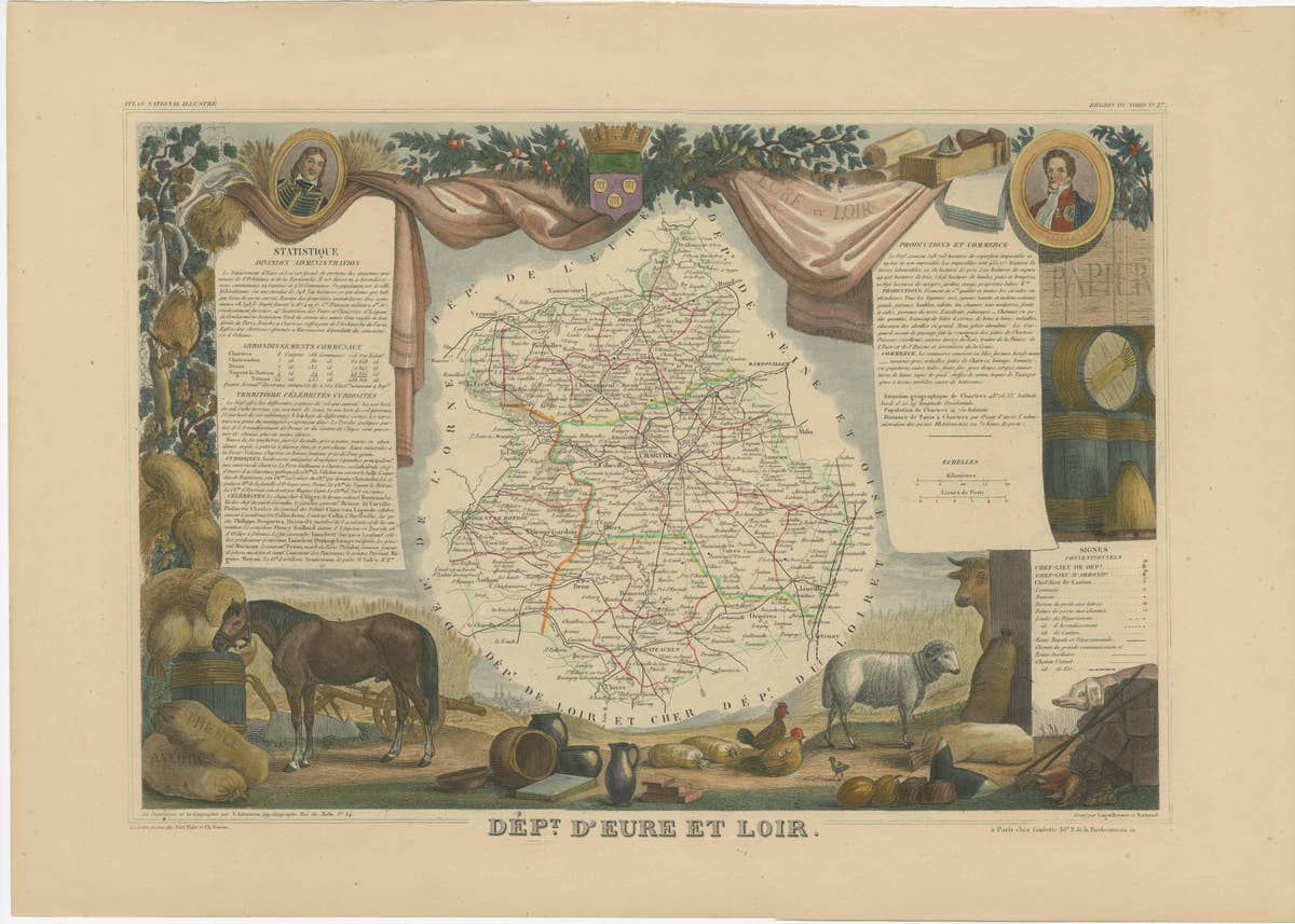 Hand Colored Antique Map of the Department of Eure-et-loir, France