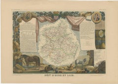 Mappa antica colorata a mano del Dipartimento dell'Eure-et-loir, Francia