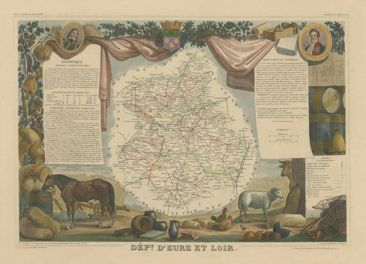 Hand Colored Antique Map of the Department of Eure-et-loir, France