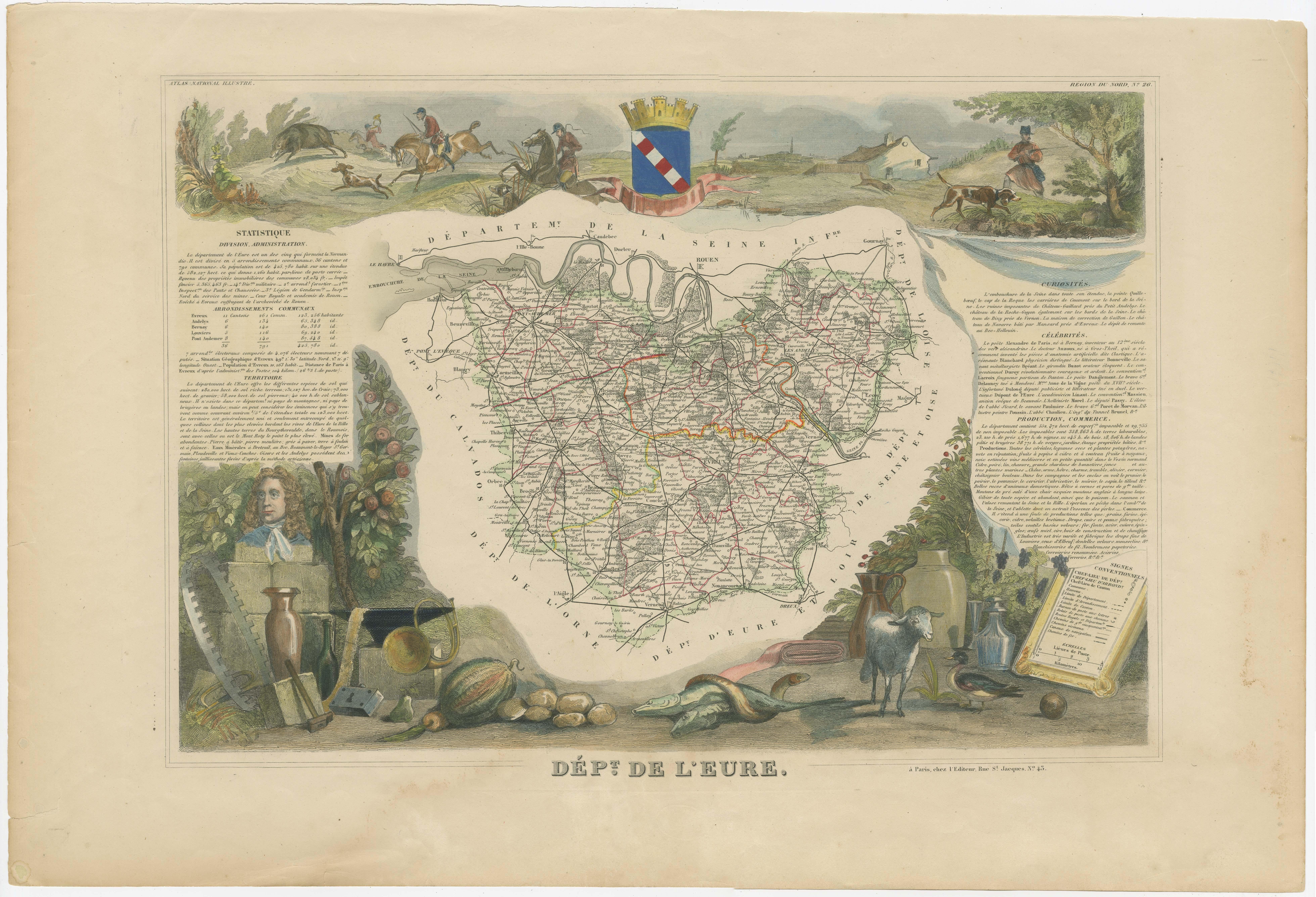 Antique map titled 'Dépt. de l'Eure'. Map of the French department of Eure, France. This region of France is home to Giverny, where impressionist Claude Monet’s home and garden can be seen. The whole is surrounded by elaborate decorative engravings