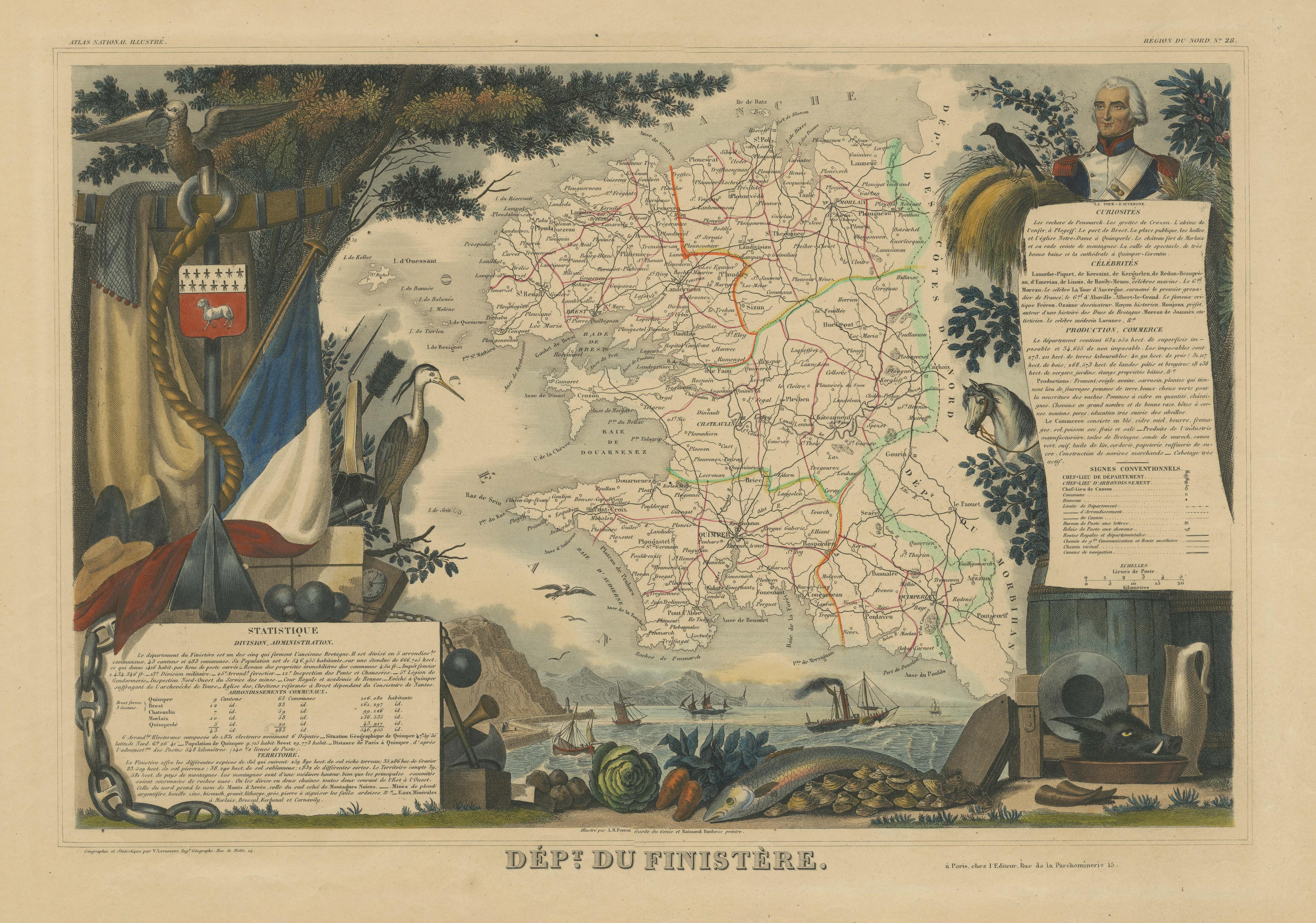 Handkolorierte antike Karte des Departements Finistère, Frankreich im Zustand „Gut“ im Angebot in Langweer, NL