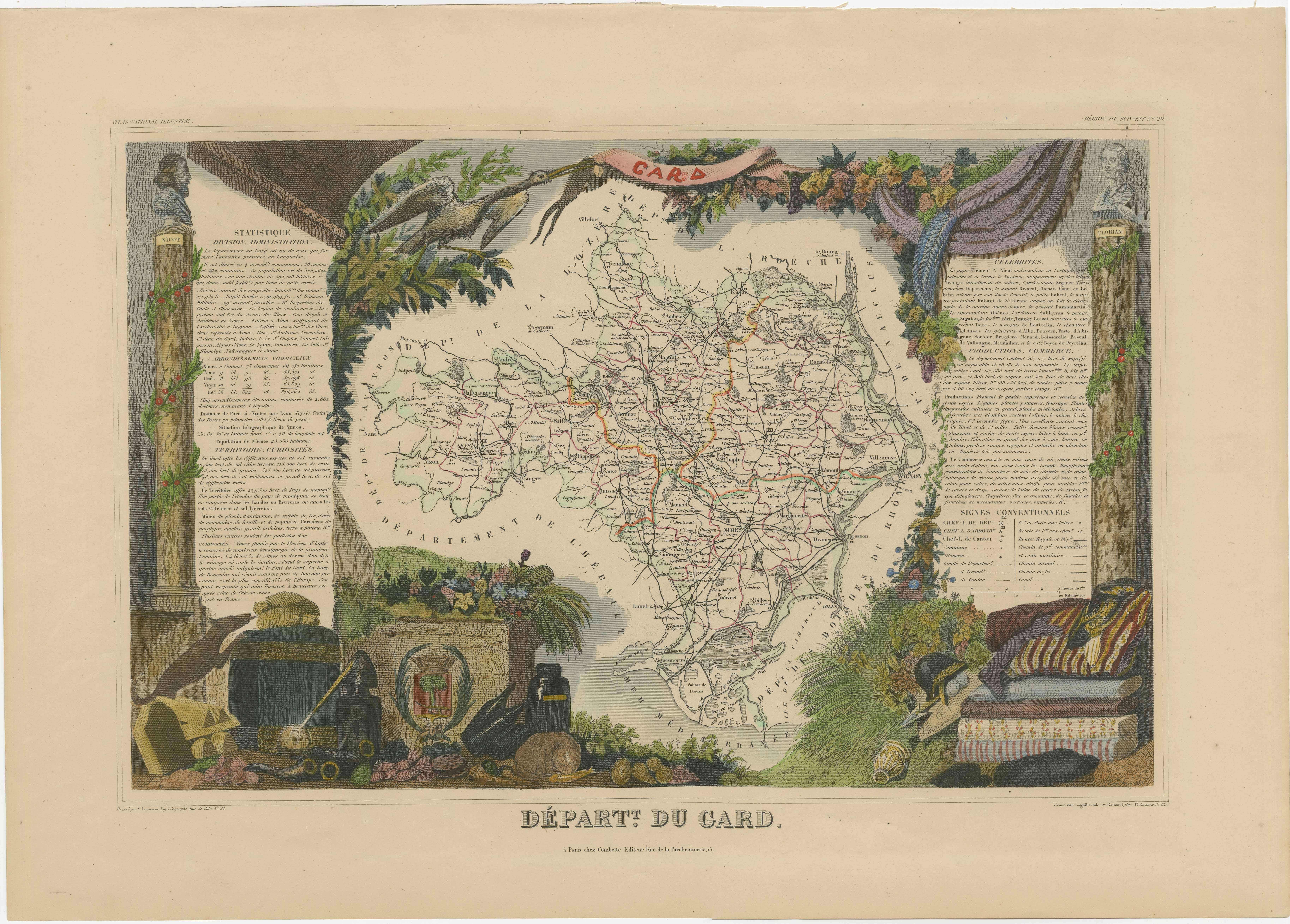 Antique map titled 'Départ. Du Gard'. Map of the French department of Gard, France. This area of France is known mainly for its red wine and production of Bleu des Causses, a soft and savory cheese. The whole is surrounded by elaborate decorative