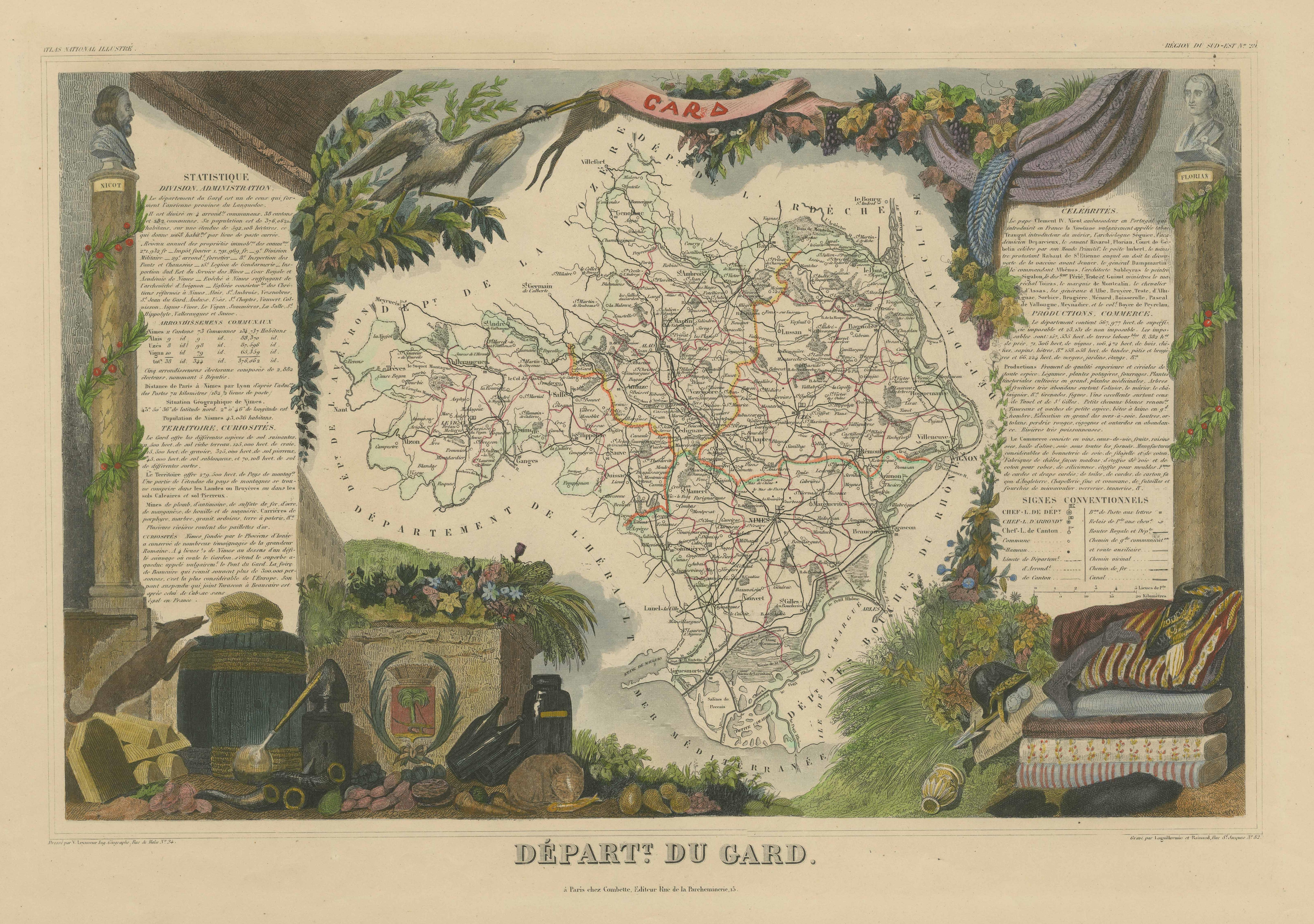 Mapa Antiguo Coloreado a Mano del Departamento de Gard, Francia en Bueno estado para la venta en Langweer, NL