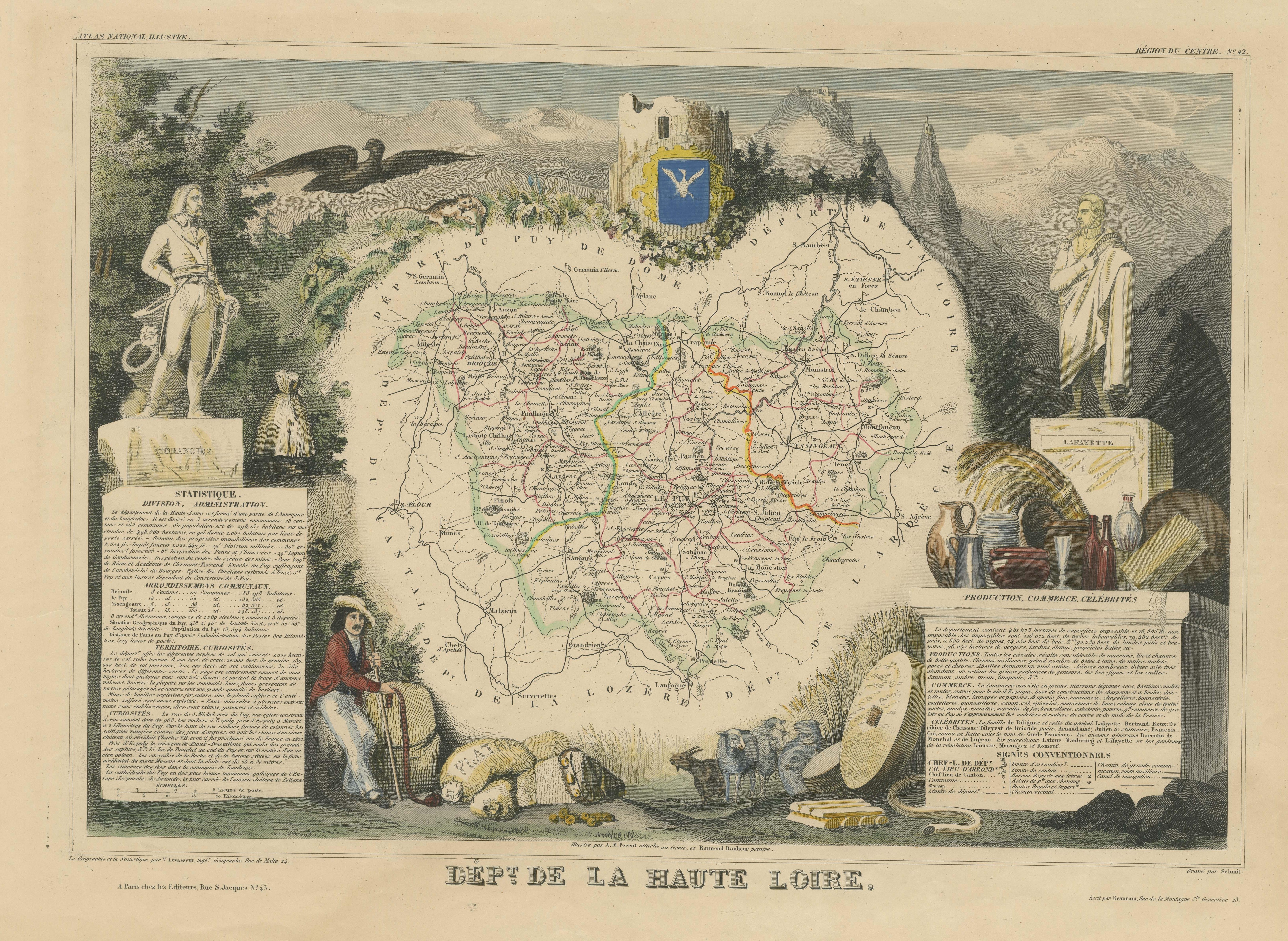 Mapa Antiguo Coloreado a Mano del Departamento del Alto Loira, Francia en Bueno estado para la venta en Langweer, NL