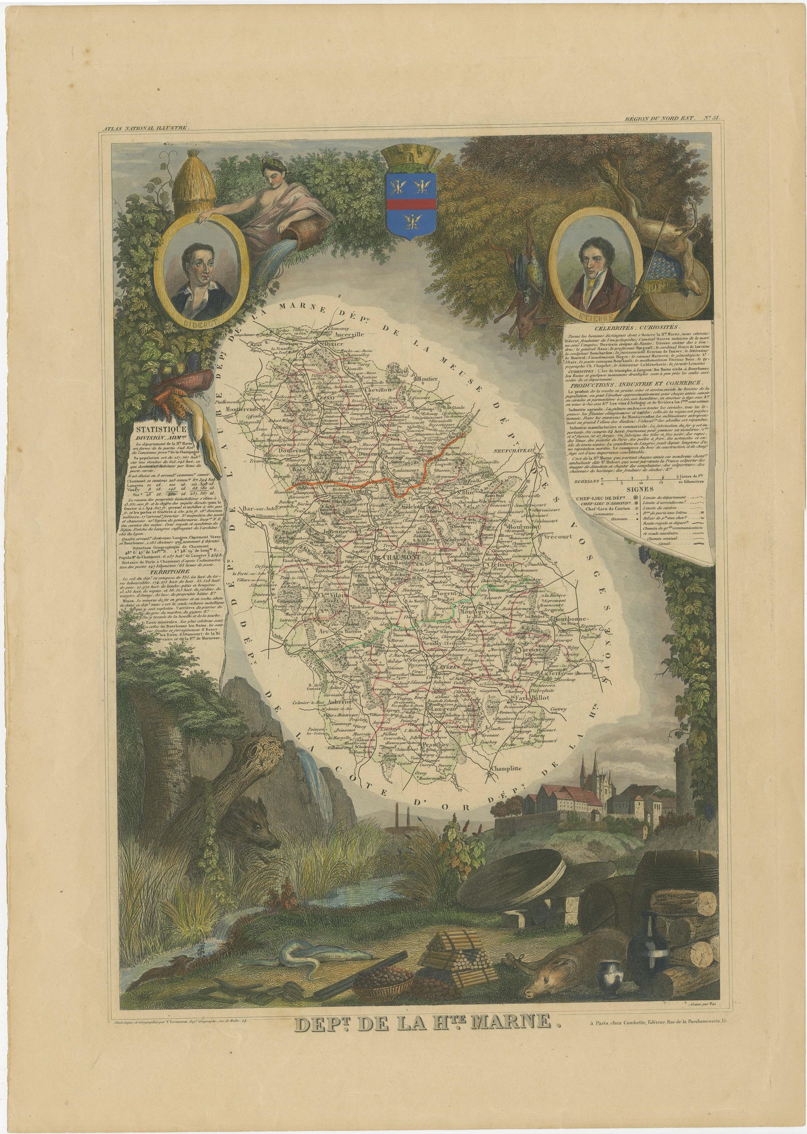 Antique map titled 'Dépt. de la Hte Marne'. Map of the French department of Haute Marne, France. This department is part of the Champagne region, where the world-famous sparkling wine of the same name is produced. This area is known for a variety of
