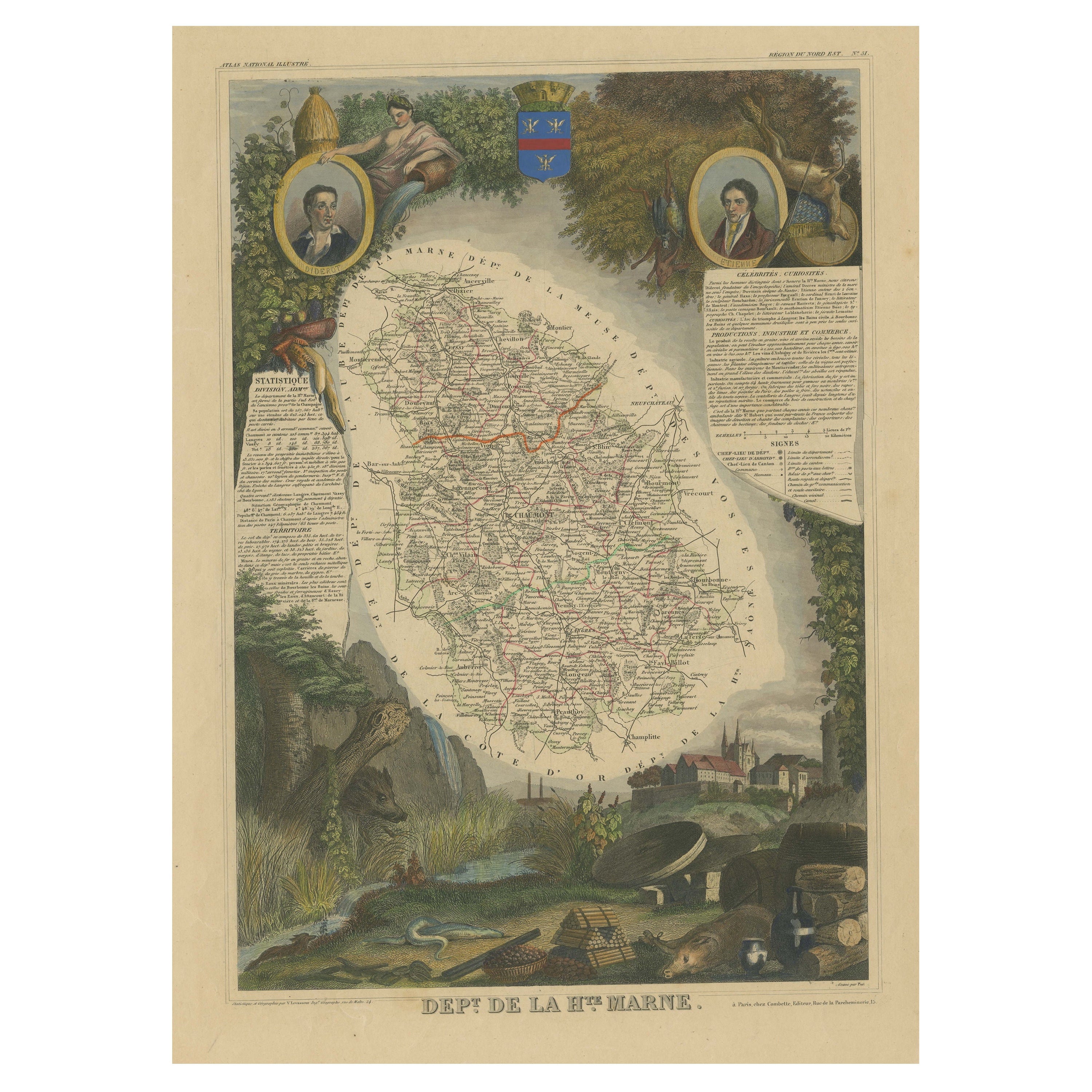 Carte ancienne colorée à la main du département de la Haute Marne, France
