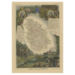 Carte ancienne colorée à la main du département de la Haute Marne, France