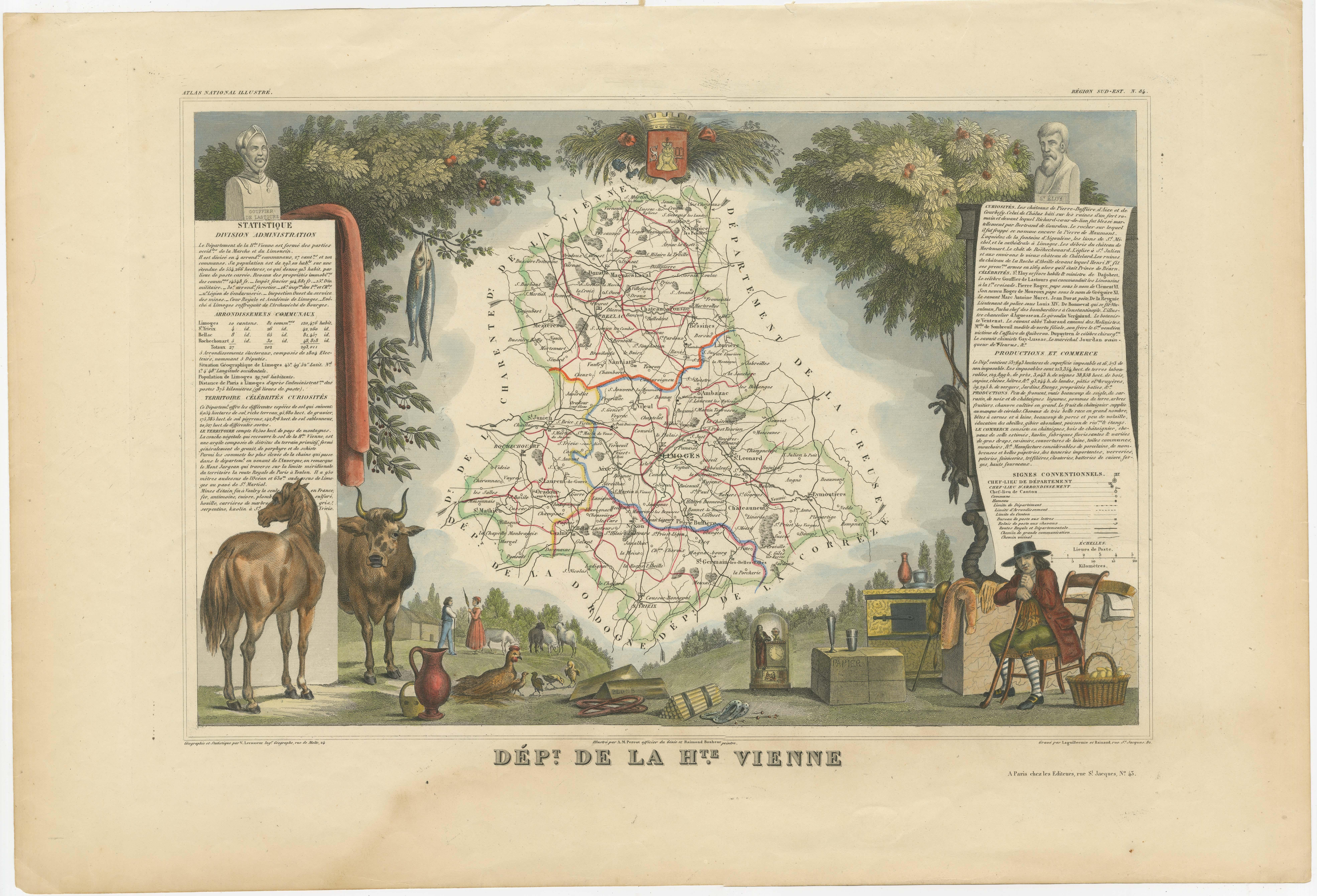 Antique map titled 'Dépt. de l'Ariège'. Map of the French department of Haute-Vienne, France. Haute-Vienne is home to the commune of Limoge, which makes oak barrels used in the production of Cognac. This area is also quite famous for its porcelain