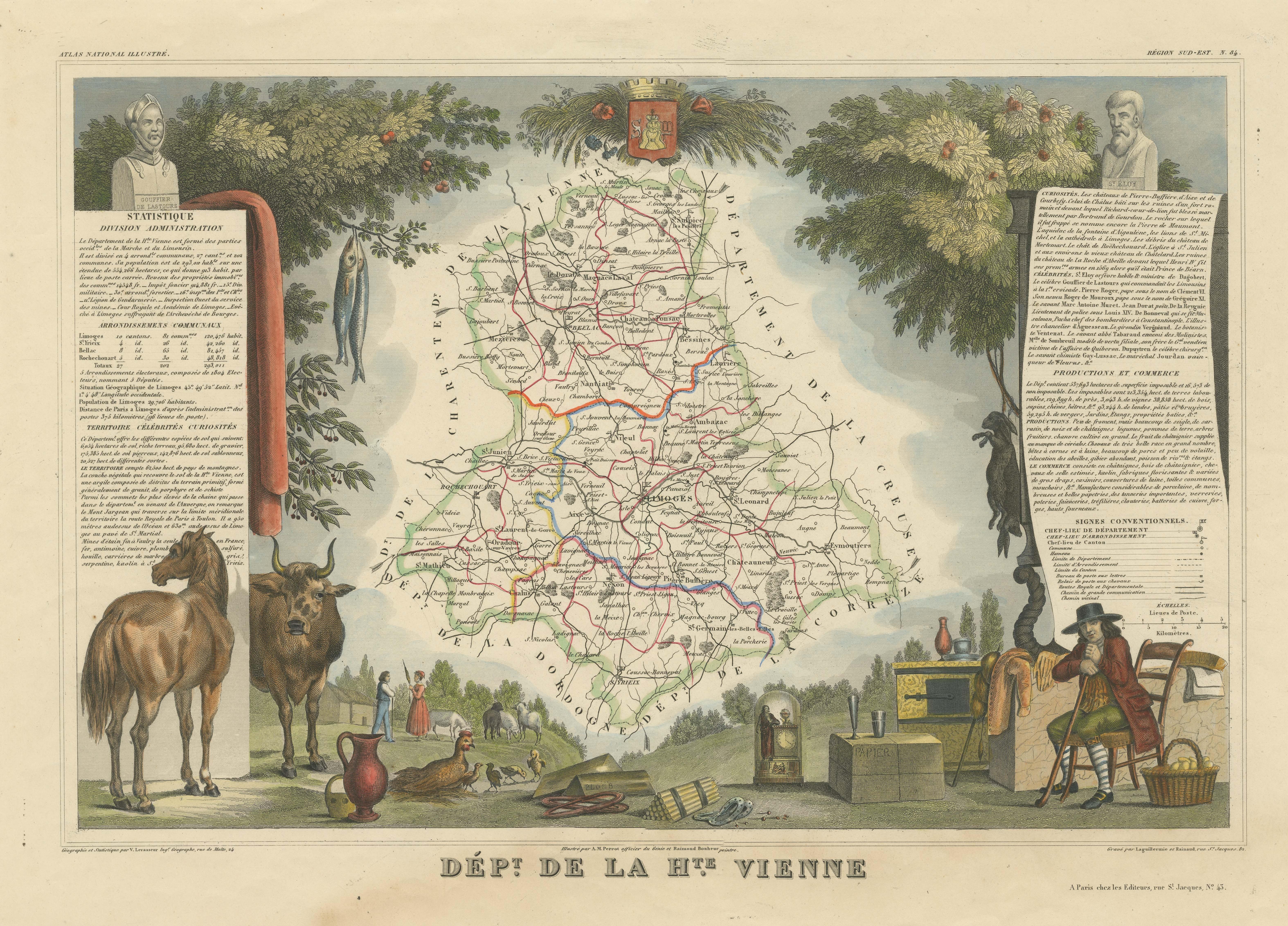 Handkolorierte antike Karte der Abteilung für Haute-Vienne, Frankreich im Zustand „Gut“ im Angebot in Langweer, NL