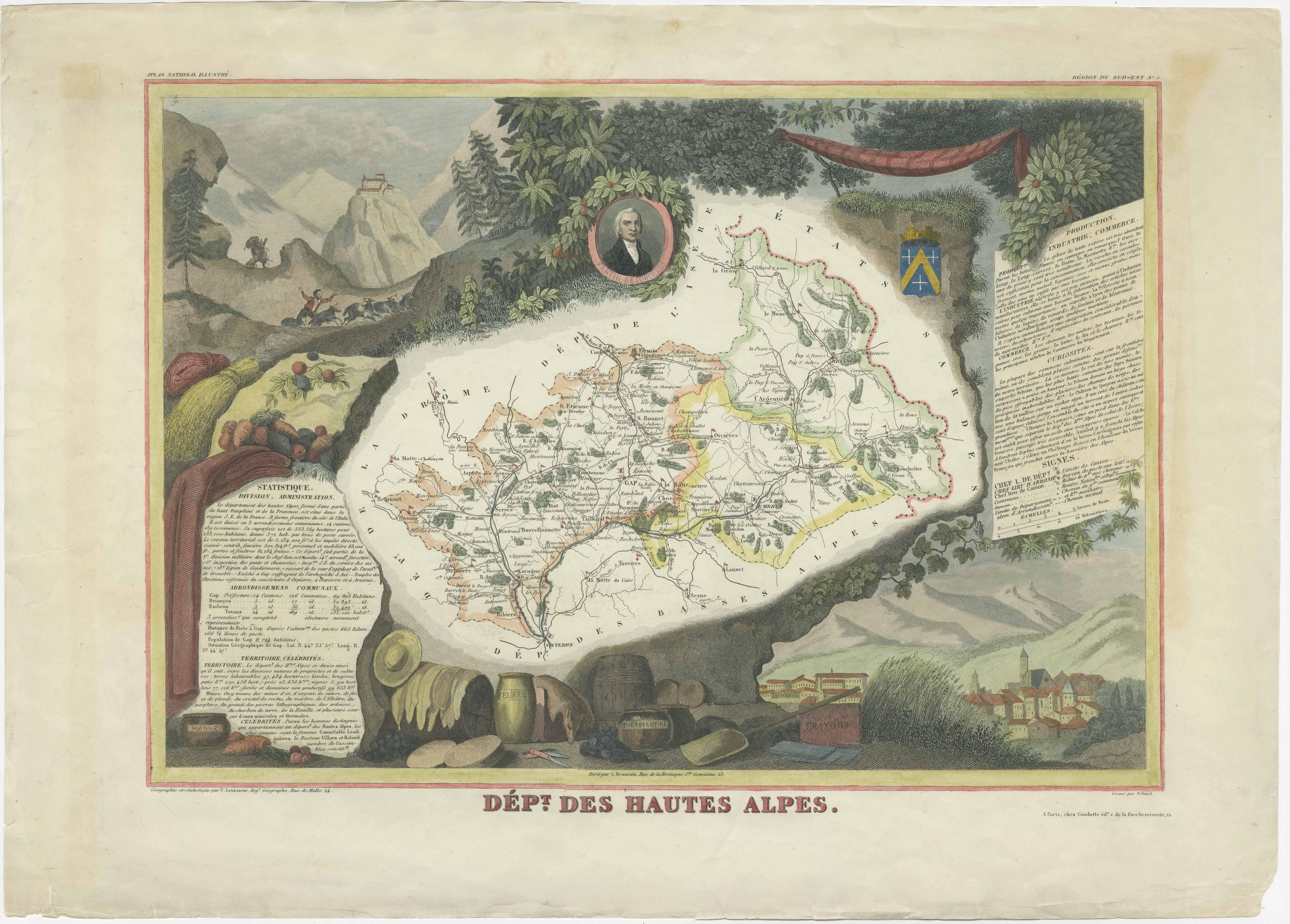 Antique map titled 'Dépt. des Hautes Alpes'. Map of the French department of Hautes Alpes, France. This area of France is known for its production of Coteaux and Collines Rhodaniennes wines. The area is also famous for its chestnuts. The whole is