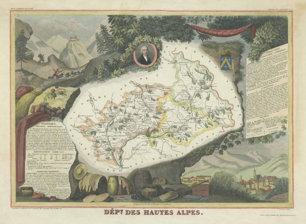 Hand Colored Antique Map of the department of Hautes Alpes, France