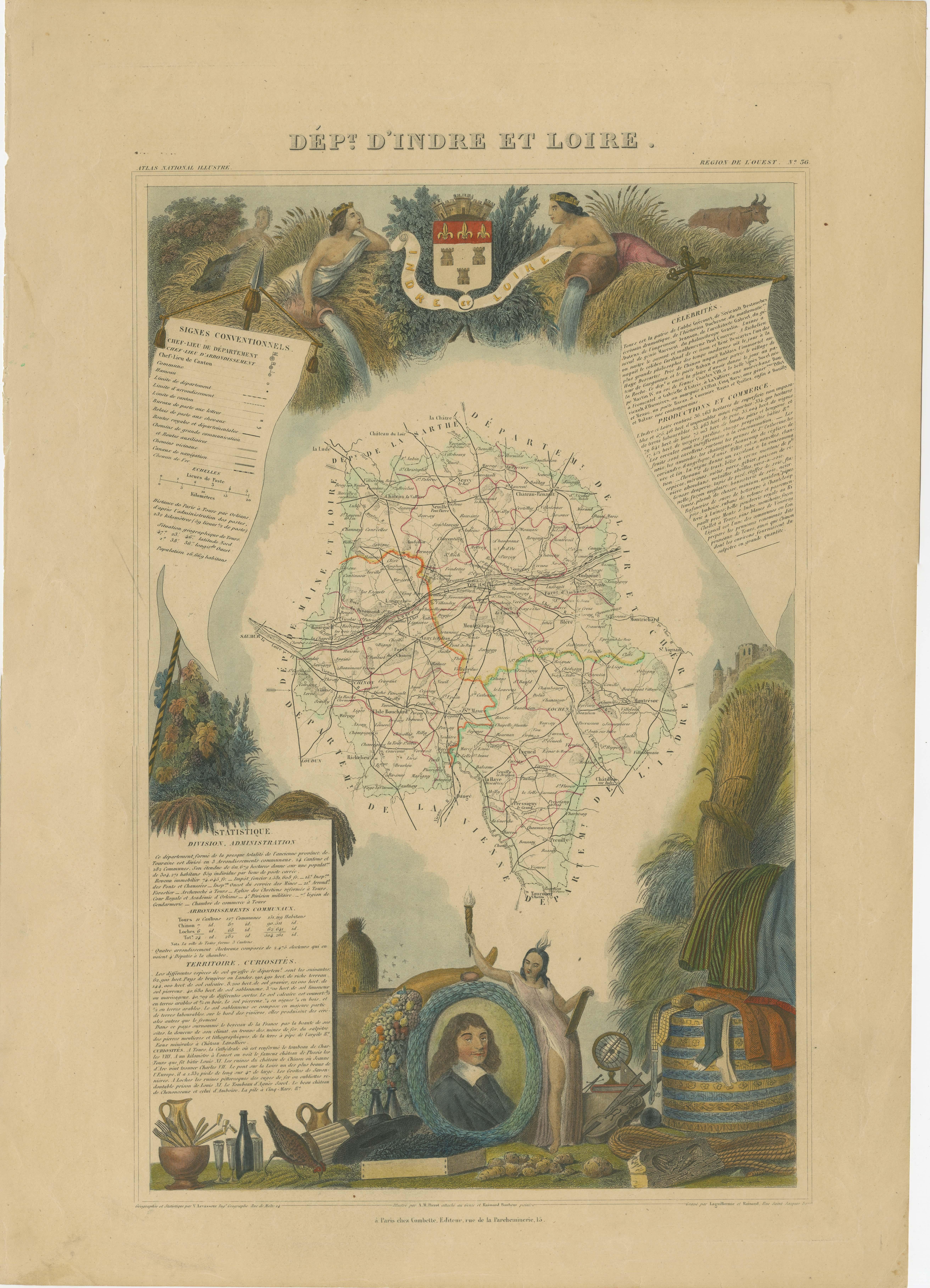 Antique map titled 'Dépt. d'Indre et Loire'. Map of the Department de L’Indre et Loire, France. This region is known for its fine wines, agriculture, distilled spirits, and cheese. The capital city is Tours. The whole is surrounded by elaborate