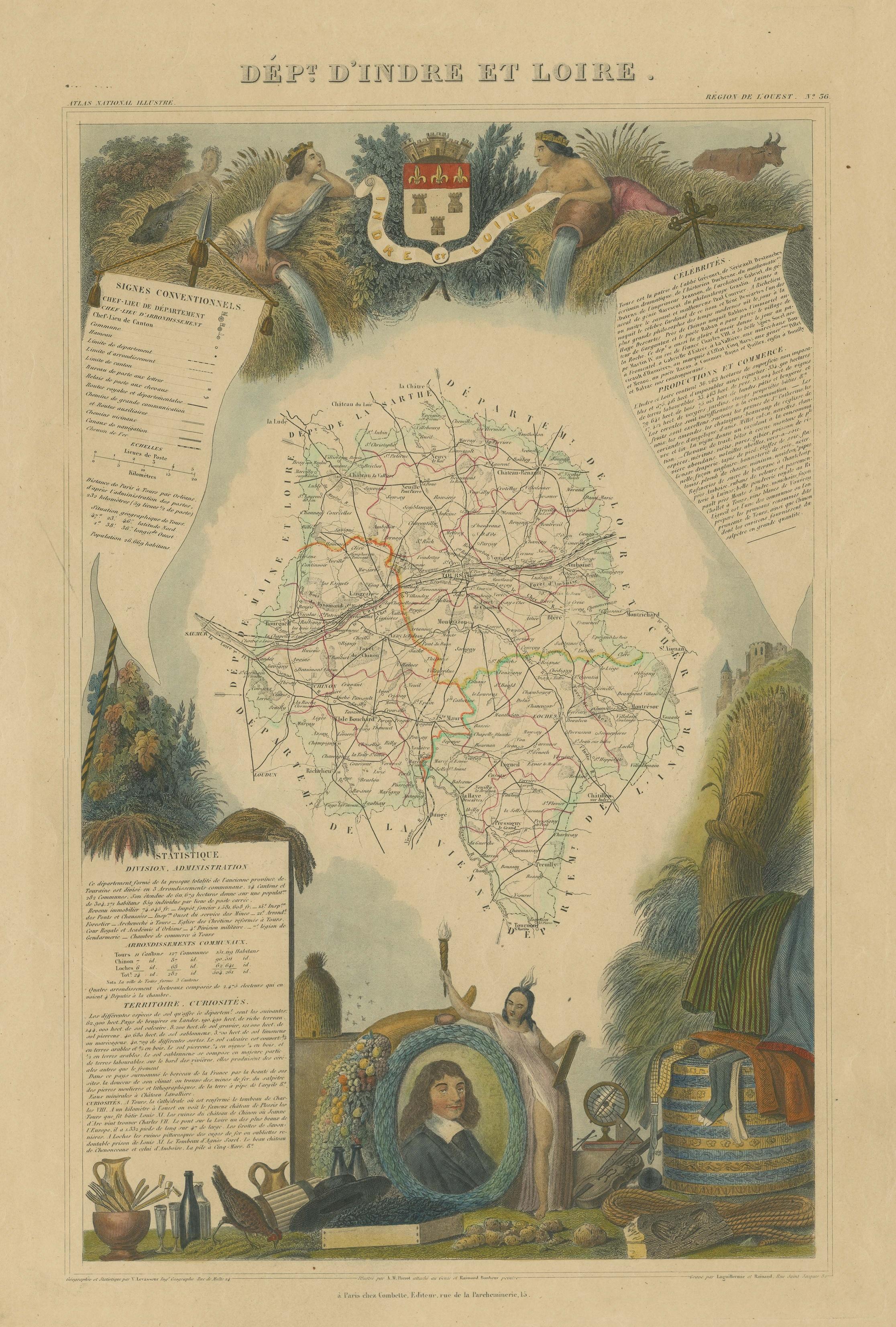 Hand Colored Antique Map of the department of Indre and Loire, France In Good Condition For Sale In Langweer, NL